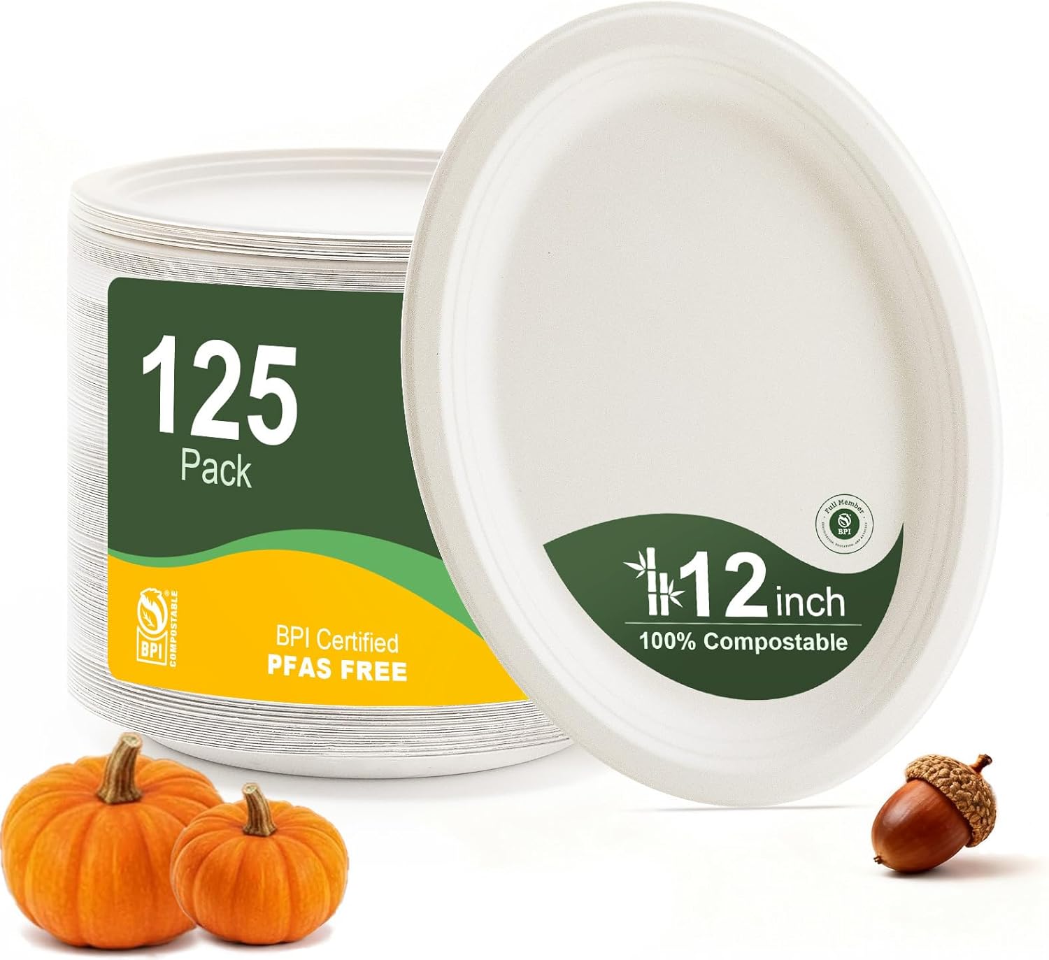 100% compostable oval paper plates 12 inch, 125-pack large heavy duty paper plates bulk,biodegradable bagasse,eco-friendly disposable dinner plate for bbq,picnic,party (bpi certified,microwaveable) white 12inch?125 pcs?