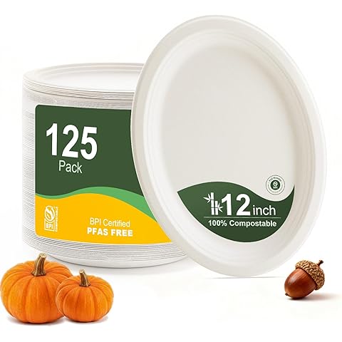 100% Compostable Oval Paper Plates 12 Inch, 125-Pack Large Heavy Duty Paper Plates Bulk,Biodegradable Bagasse,Eco-Friendly Disposable Dinner Plate for BBQ,Picnic,Party (BPI Certified,Microwaveable)