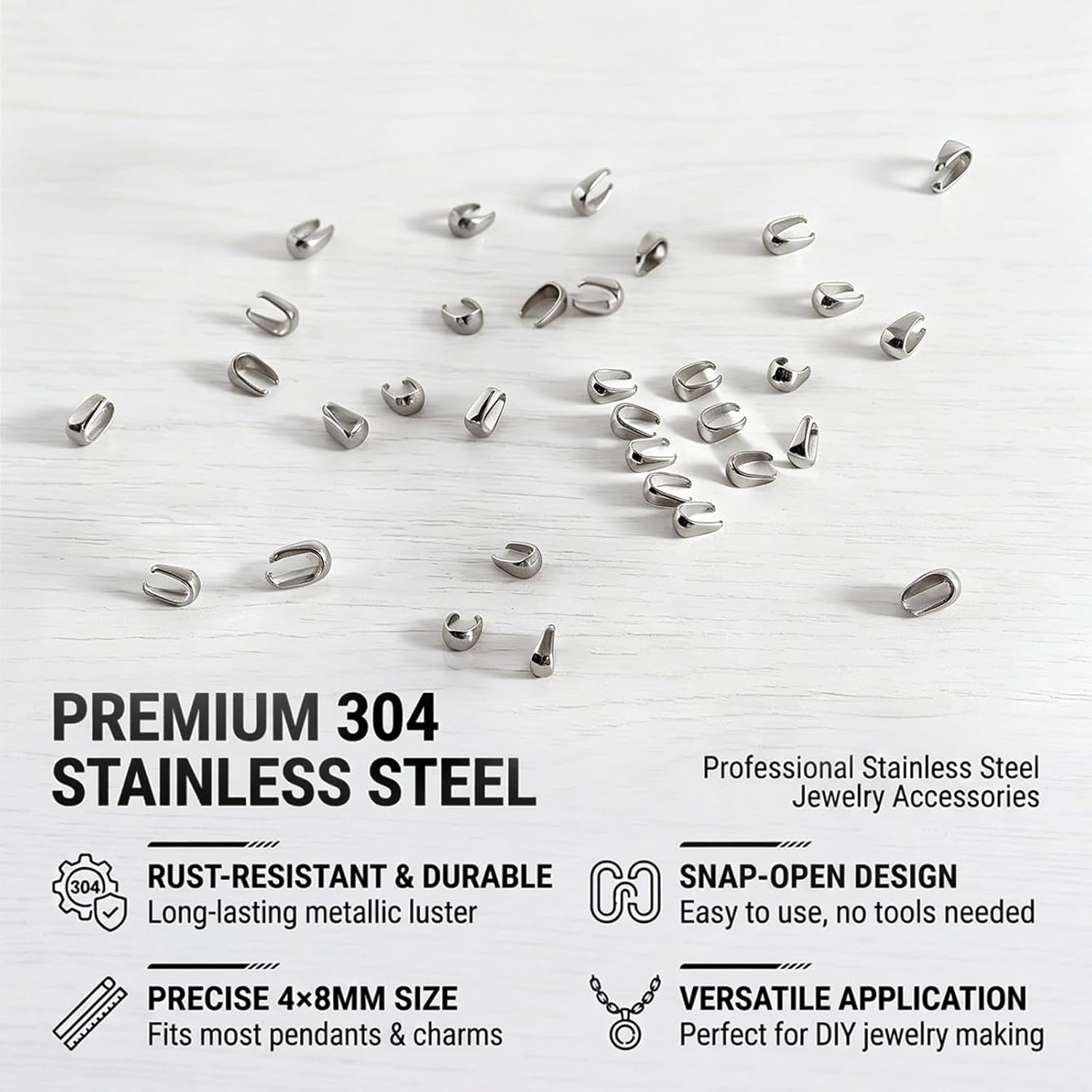 100PCS 304 Stainless Steel Pinch Clip Bail Clasps,0.16 Inch,Pendant Holders Connector Findings for Jewelry Making,Sturdy Necklace Charm Findings[4X8mm]