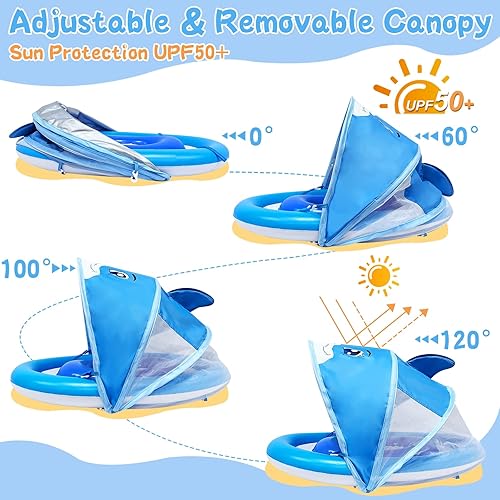 Miniatura 2 de AMENON Dolphin - Flotador inflable de piscina para bebés de 6 a 36 meses con toldo ajustable UPF50+ de 4 etapas, asiento de seguridad