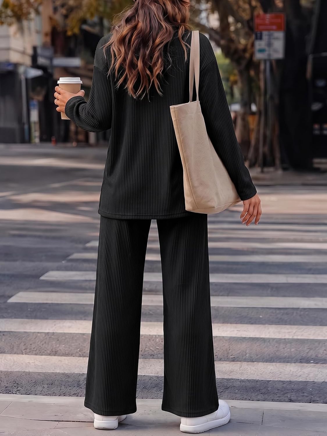 Fisoew Womens 2 Piece Outfits Oversized Ribbed Knit Tops Wide Leg Pant Sets