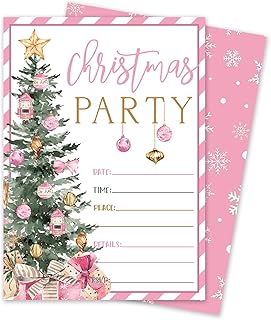 Whaline 25 Pack Christmas Invitations with Envelopes Stickers Pink Xmas Tree Stripe Invitation Cards Blank Invites for Xmas Party Supplies, 5 x 7 Inch