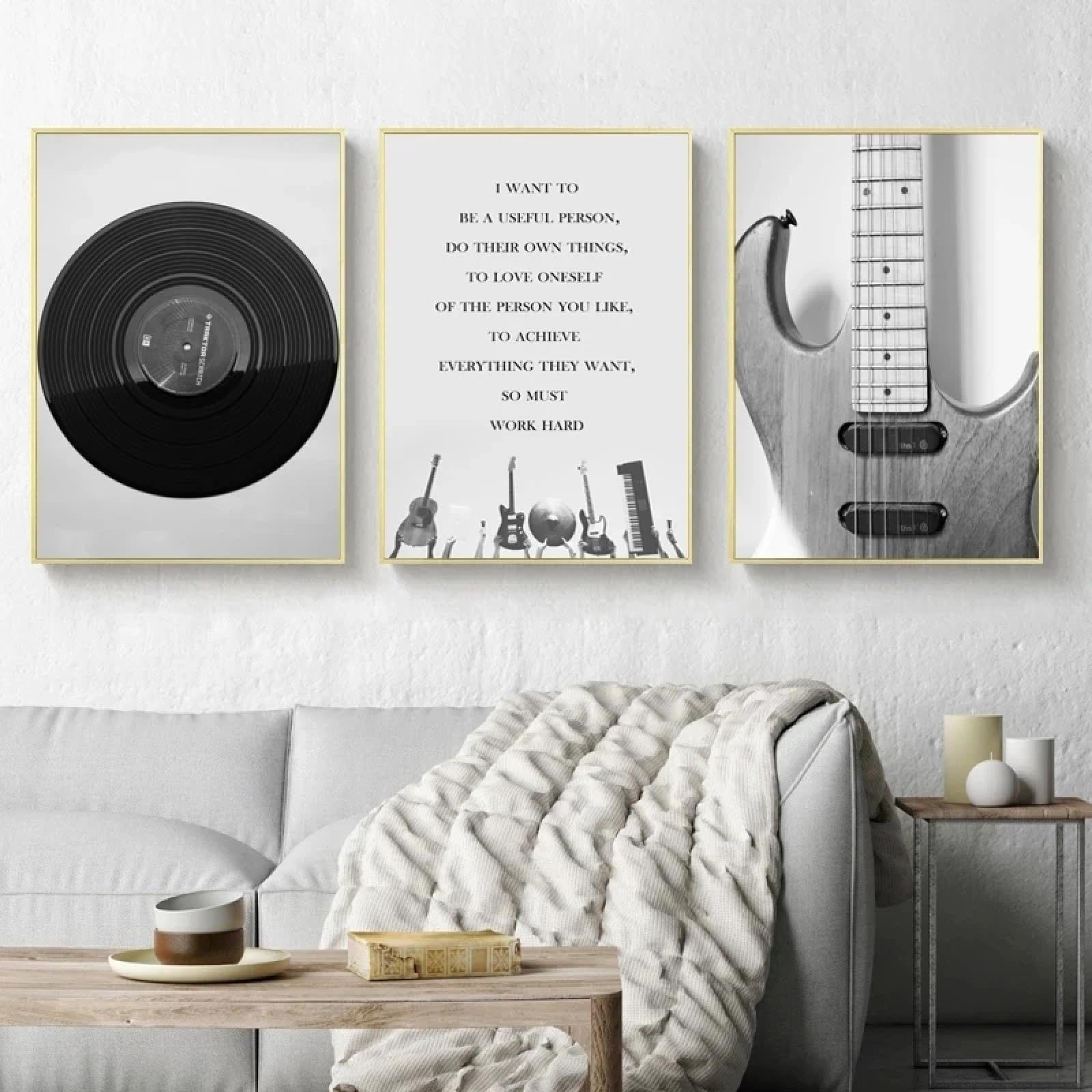 CHAOJIART Retro czarno-biała gitara i płyta CD top muzyka obraz płótno malarstwo plakaty wydruki nordycki wystrój domu sztuka ścienna do salonu 70 x 100 cm (71 x 99 cm) x 3 bez ramy