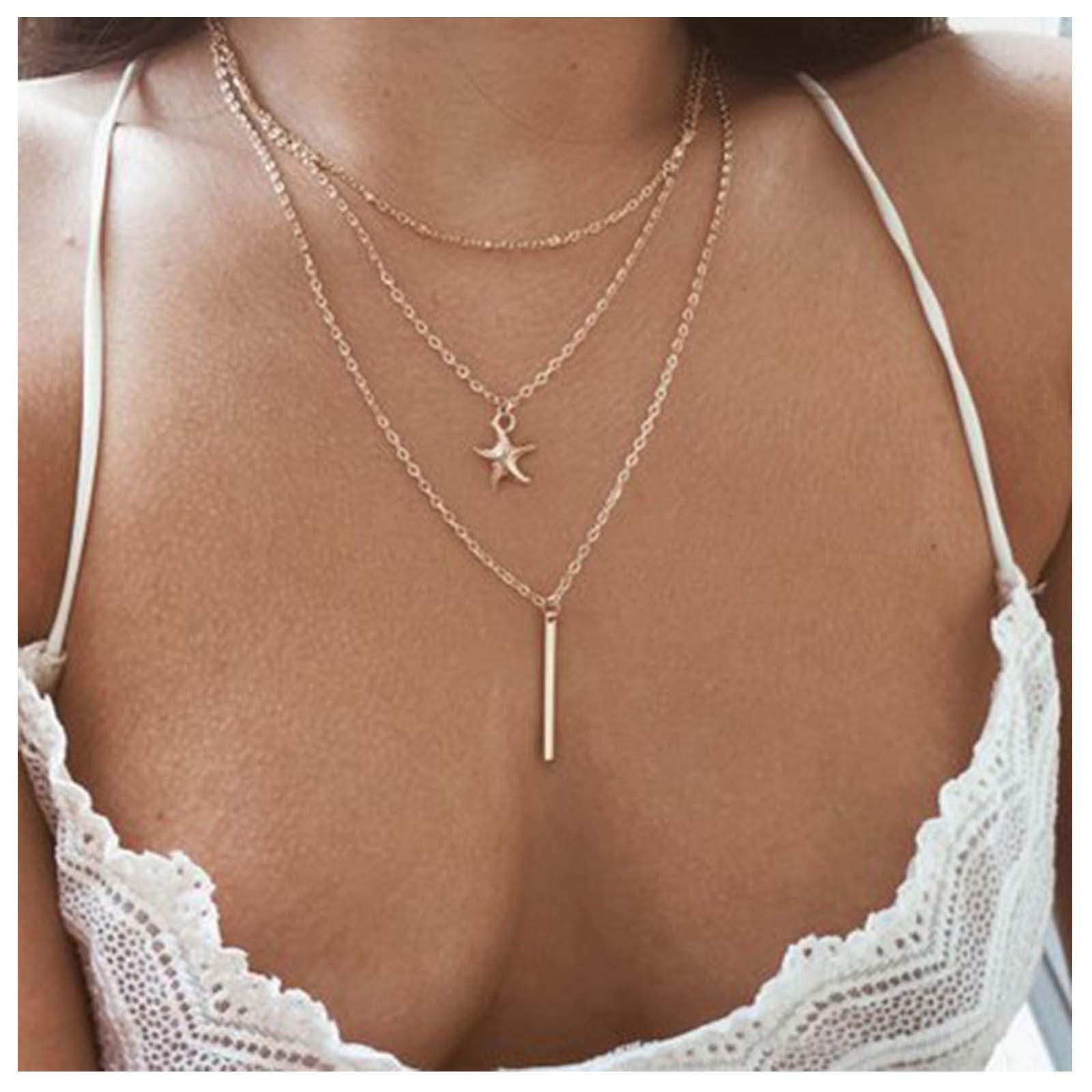 TseenYi Collar con colgante de barra vertical, dorado, bohemio, en capas, cadena de estrella de mar, gargantilla multicapa, joyería para mujeres y niñas, 1 Count (Pack of 1), Metal