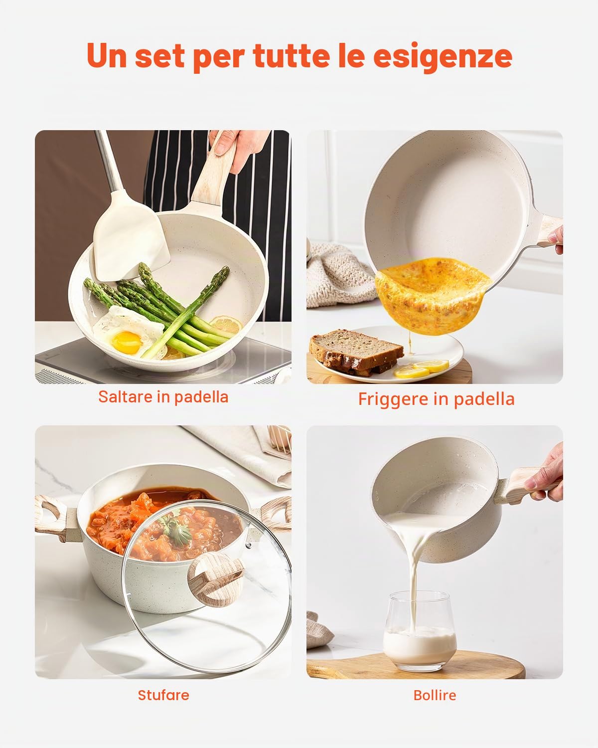 VEVOR Set di Pentole, Padelle Antiaderenti in Granito con Manico, Set di Pentole a Induzione da Cucina per Camper, con Frittura, Coperchi in Vetro Temperato, Bianco 19 Pezzi