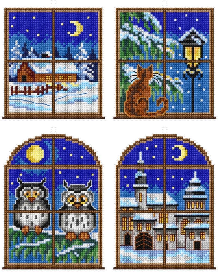 Wizardi Counted Cross-Stitch Kit on Plastic Canvas with Winter Stars. 4 Christmas Ornaments Same Dimensions 3.94x3.94 Inches. Superb for Embroidery & Craft Amateurs. 7675 Orchidea