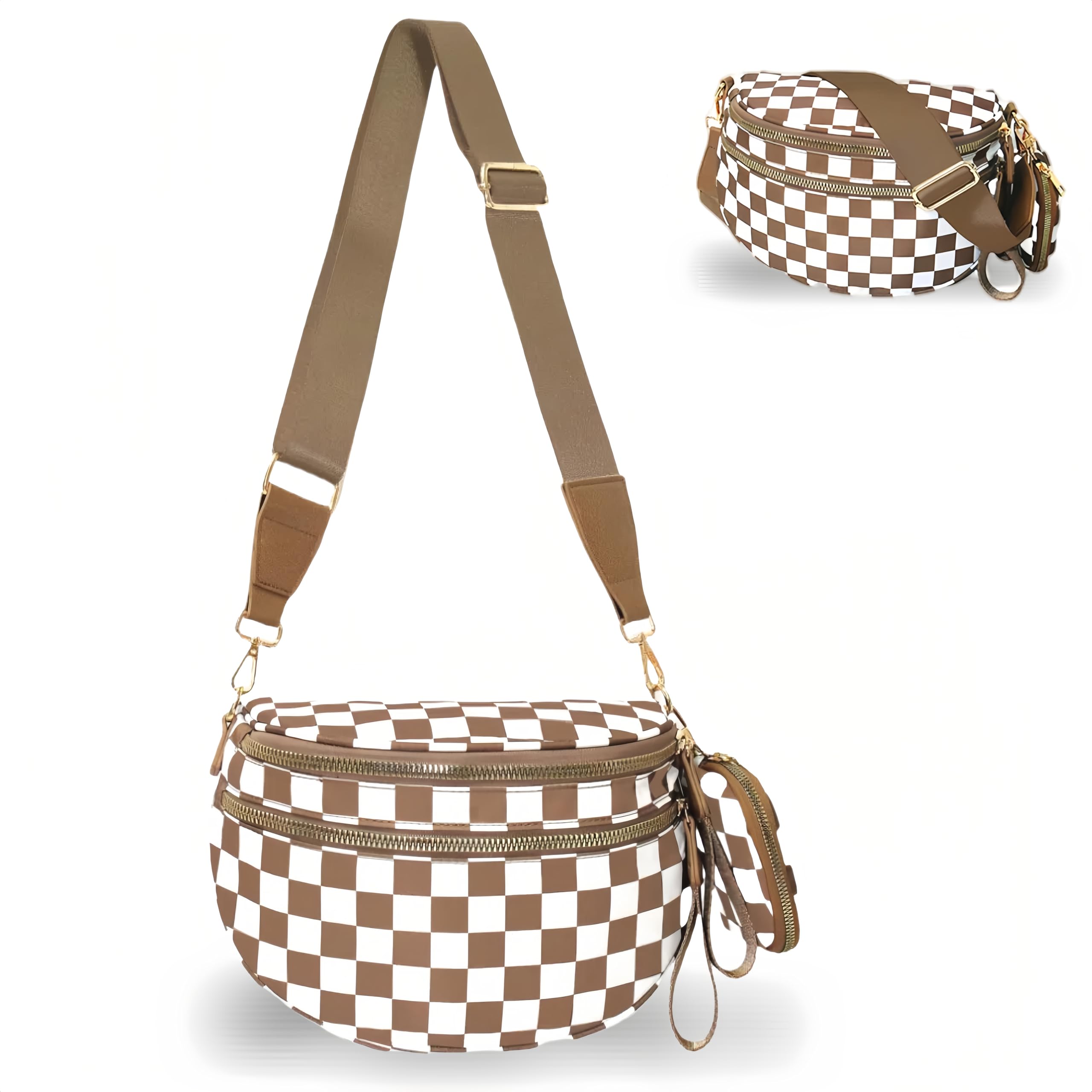 Pallocoo Checkered Crossbody Bum Bags for Women, Nylon Sling Bags with Shoulder Strap, Large Capacity Checkered Purse Bag