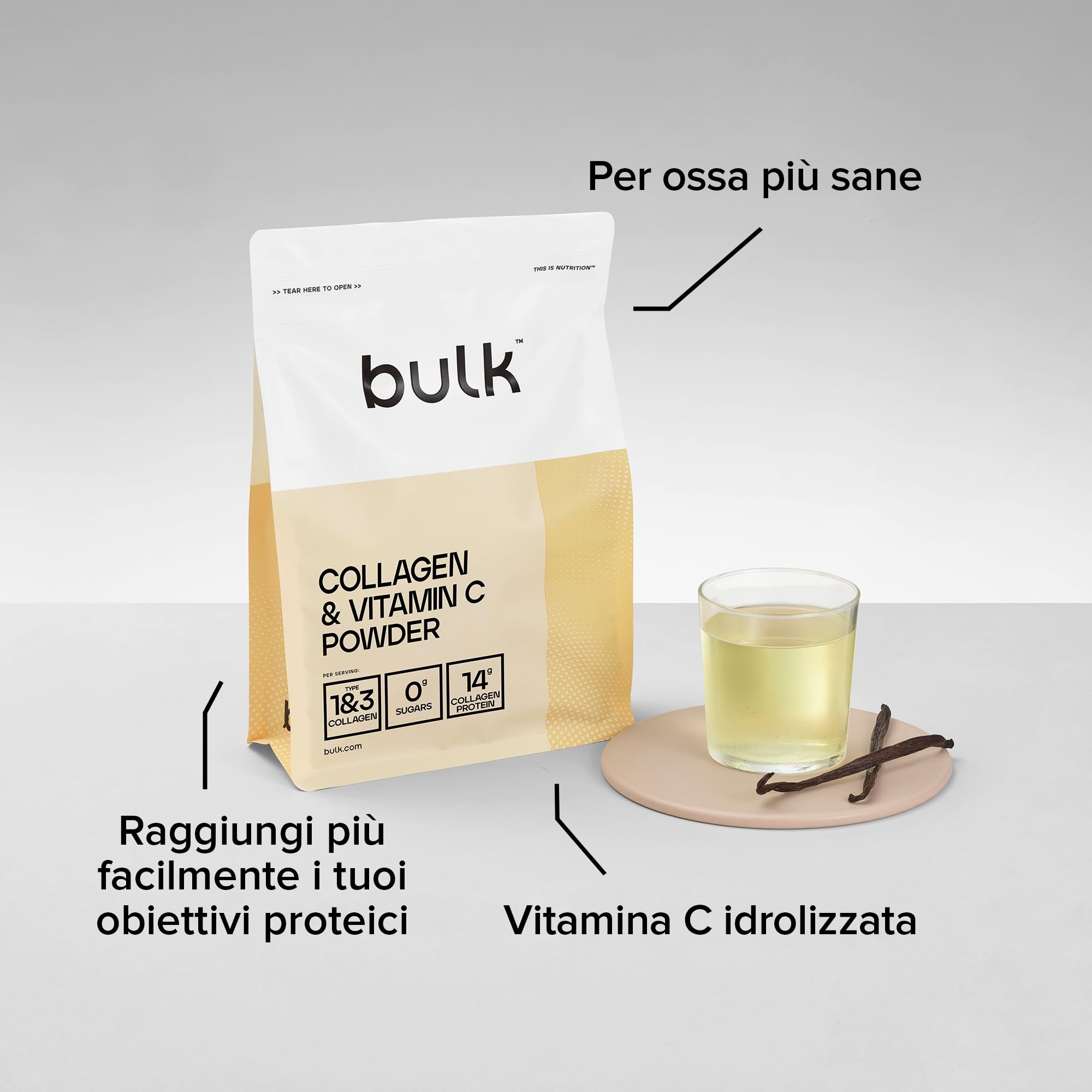Bulk Collagen and Vitamin C Powder, 500 g, Packaging May Vary, Non aromatizzato