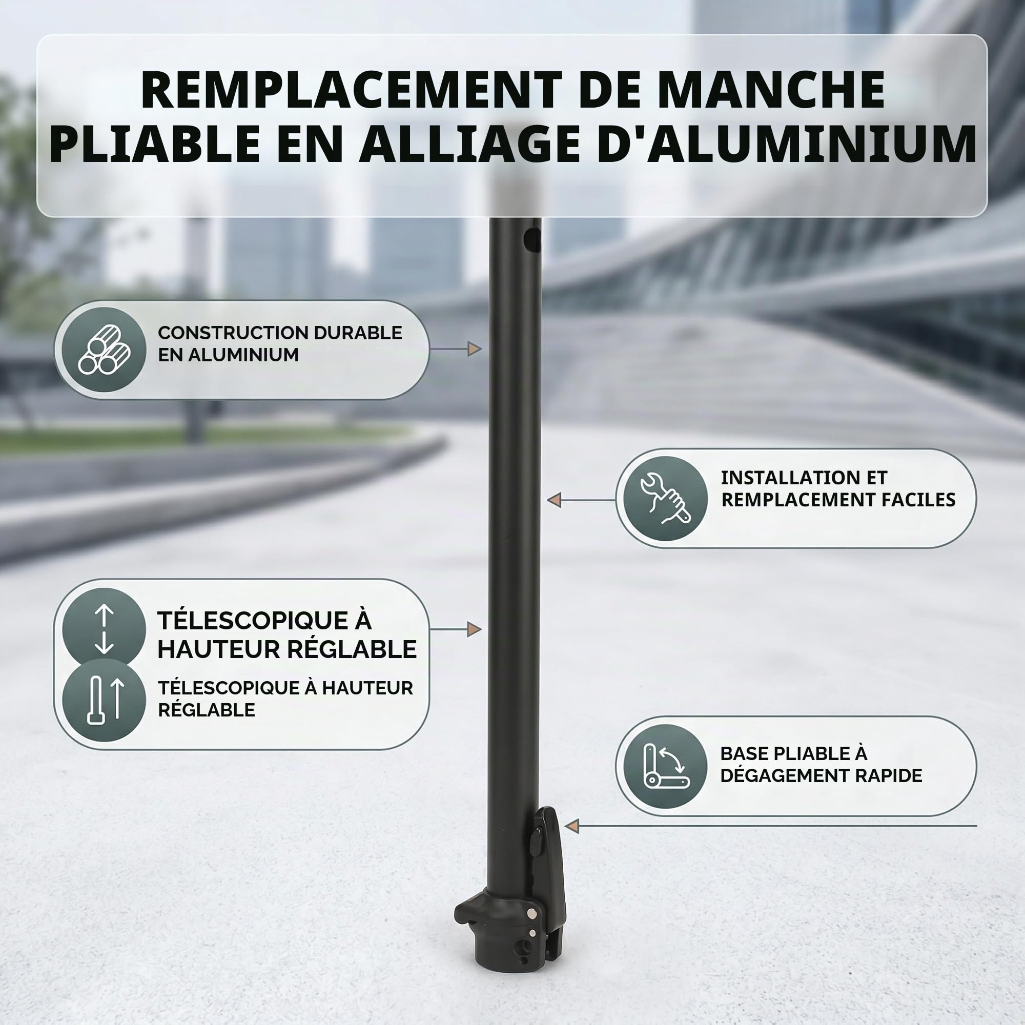 Poteau Pliant pour Scooter Électrique, Aluminium Léger, Installation Facile, Régulation en Hauteur, Base à Dégagement Rapide, pour Déplacements Urbains, Étudiants, Travailleurs, Loisirs.