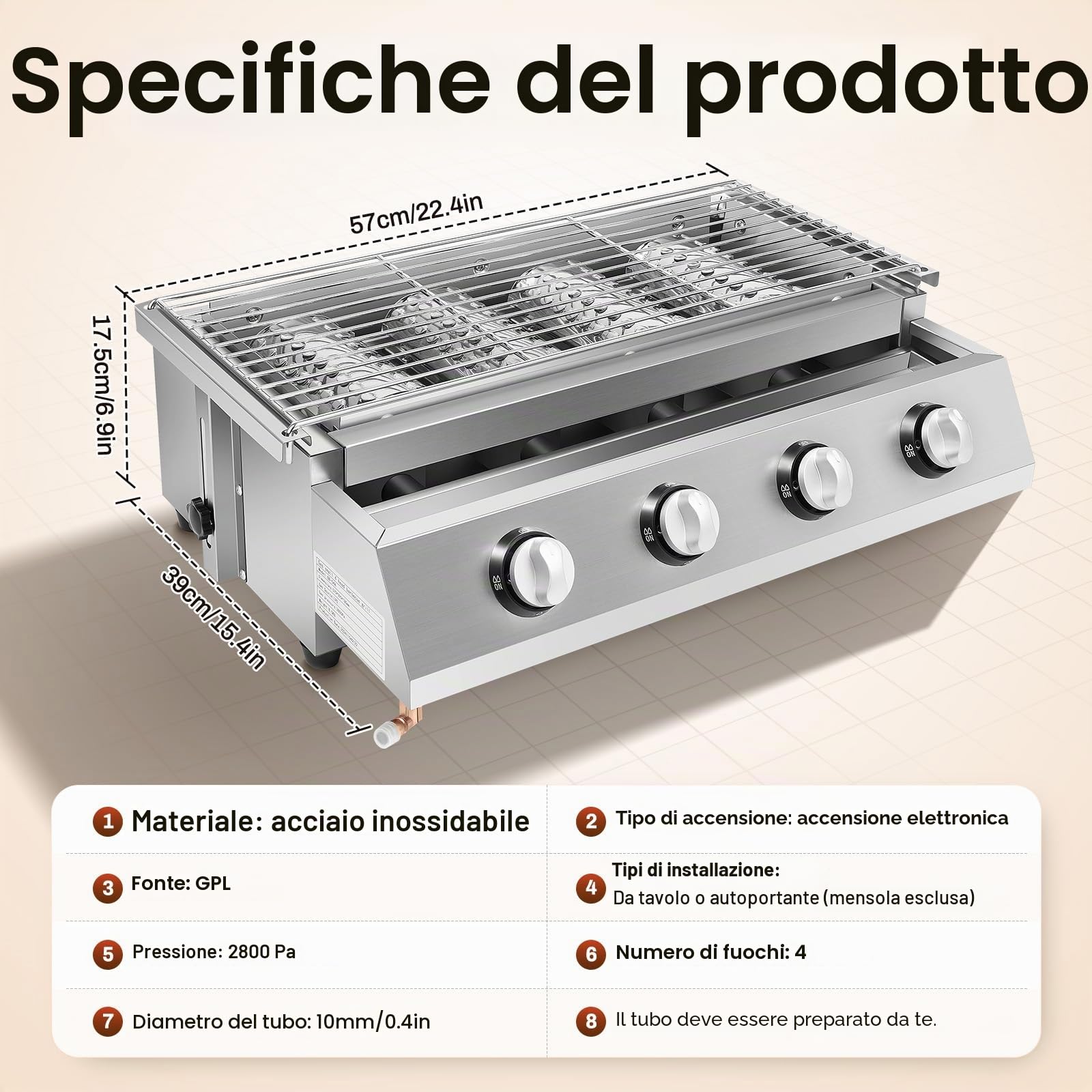 Barbecue a gas, in acciaio inox, bruciatore a 4 fuochi, GPL, tavolo