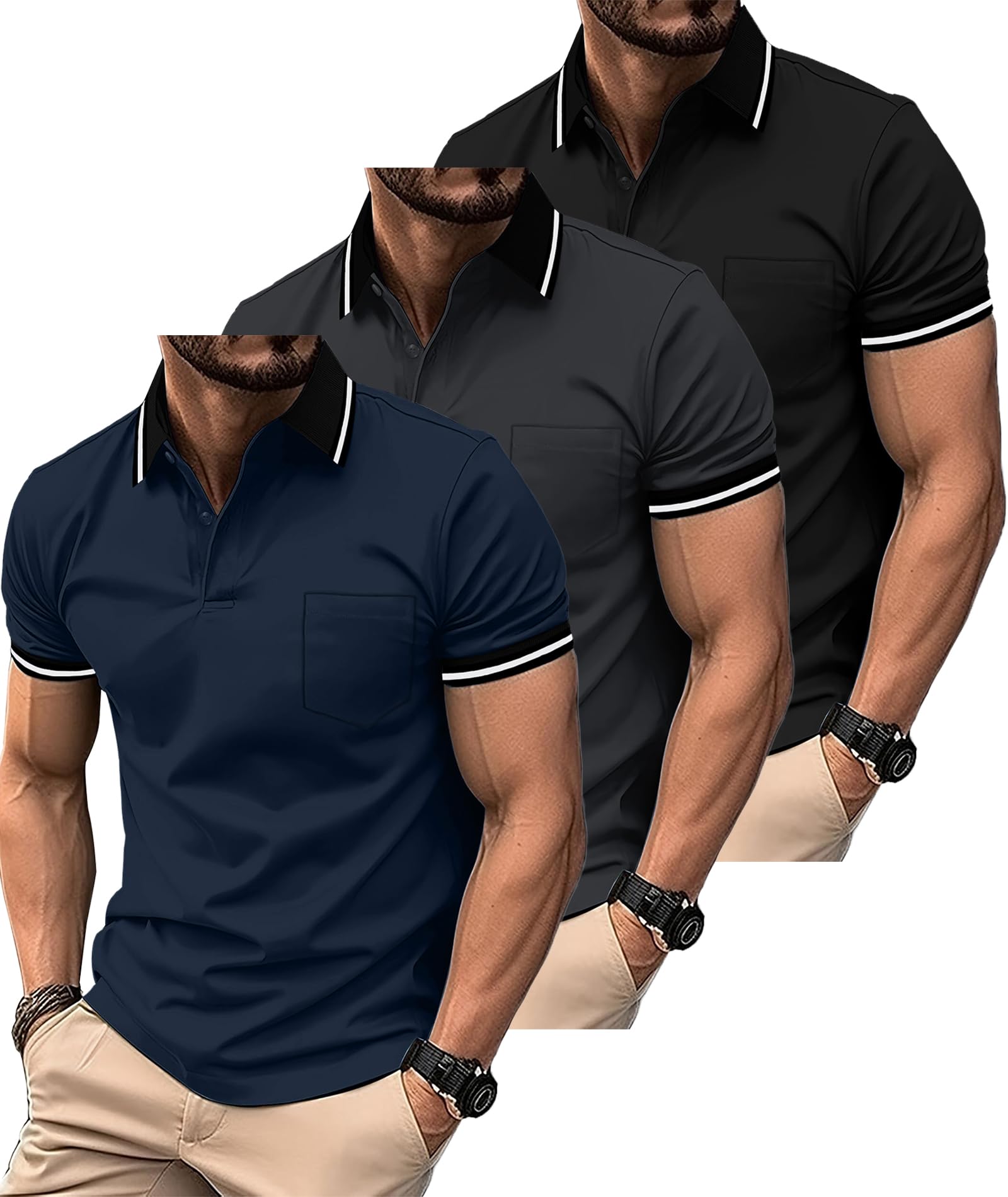 ZITY 3 Pack Men Polo Shirts Short Sleeve with Pocket Sport Wicking Shirts for Men Casual Athletic Collared T-Shirts