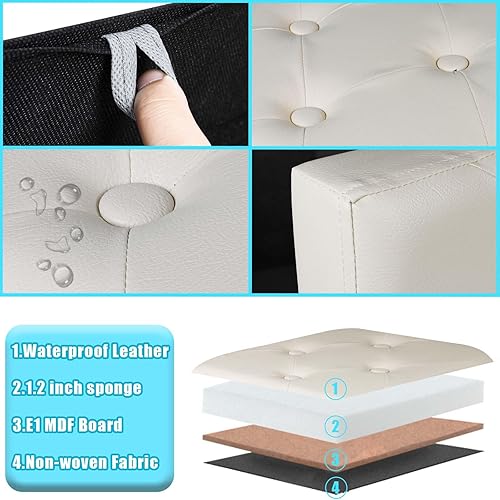 Miniatura 5 de AmasSmile Otomana de almacenamiento, taburete reposapiés con bolsillo lateral, banco de cuero de 17 pulgadas, taburete otomano corto, almacenamiento