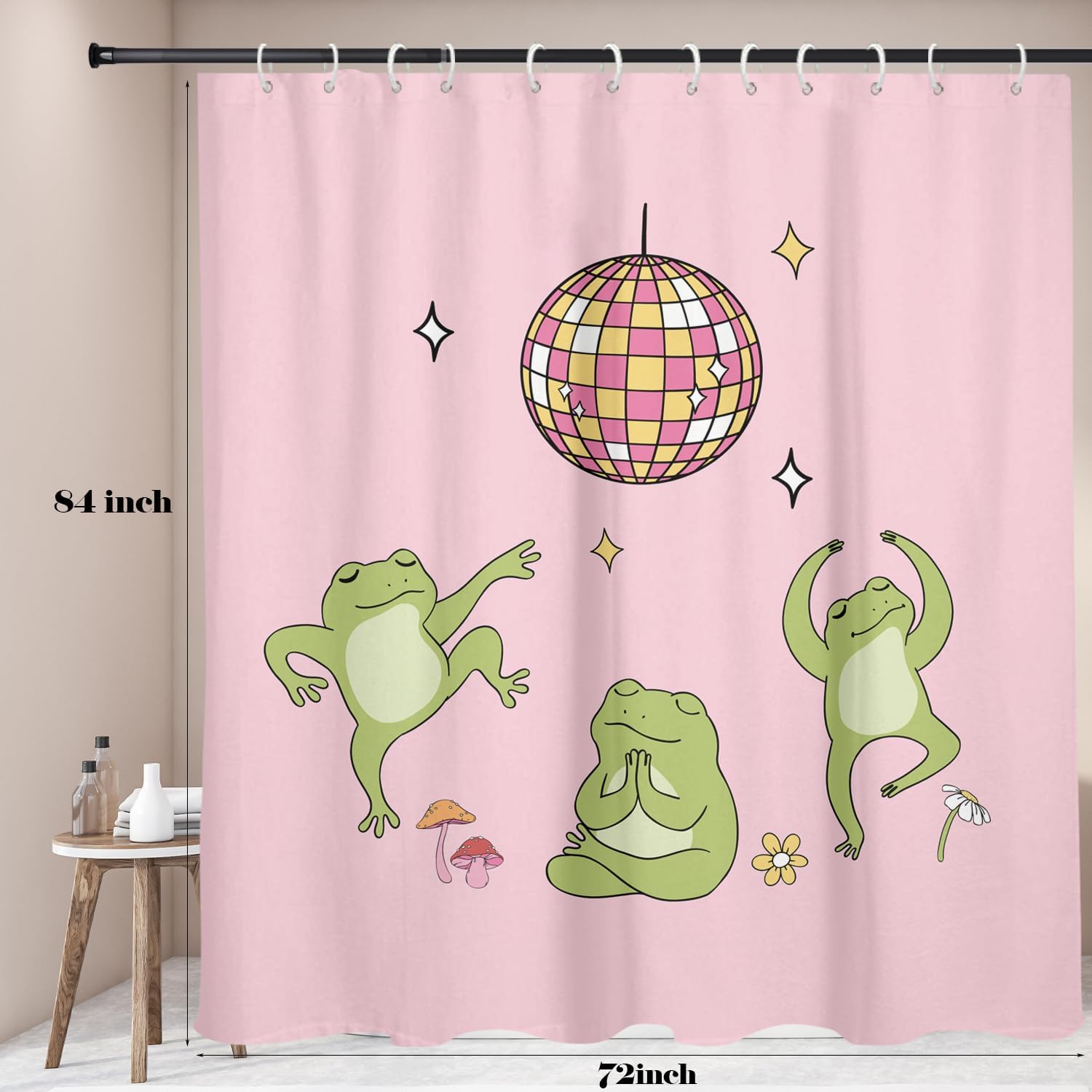 Cute Funny Shower Curtain Extra Long XL Large Blush Pink Kids Frog Fun Animal Anime Unique Pattern Funky Boys Cartoon Kawaii 72x84 Inch Fabric Polyester Cloth Washable Bathroom Decor 12 Hooks
