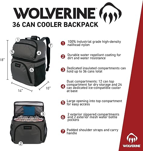 Miniatura 2 de Wolverine Mochila enfriadora de 36 latas con nailon duradero con cabeza de clavo, enfriador de doble compartimento y almacenamiento en seco, panel