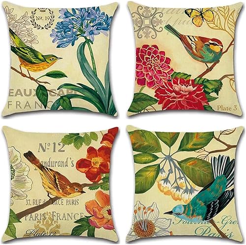 Juego de 4 fundas de almohada de lino de 18 x 18 pulgadas, diseño de pájaros y flores vintage, fundas de cojín decorativas, multicolor