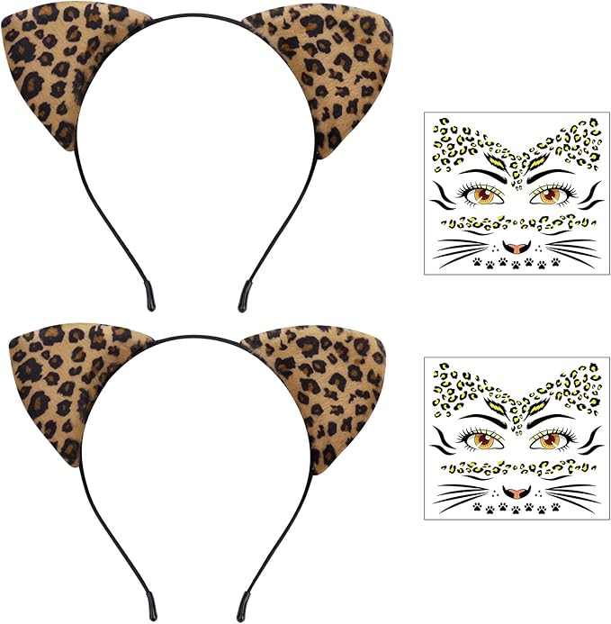 Riqiaqia Leopard Ears Headband with Tattoos, Cheetah Ears for Women Girls, Halloween Cosplay Leopard Costume Hair Accessories