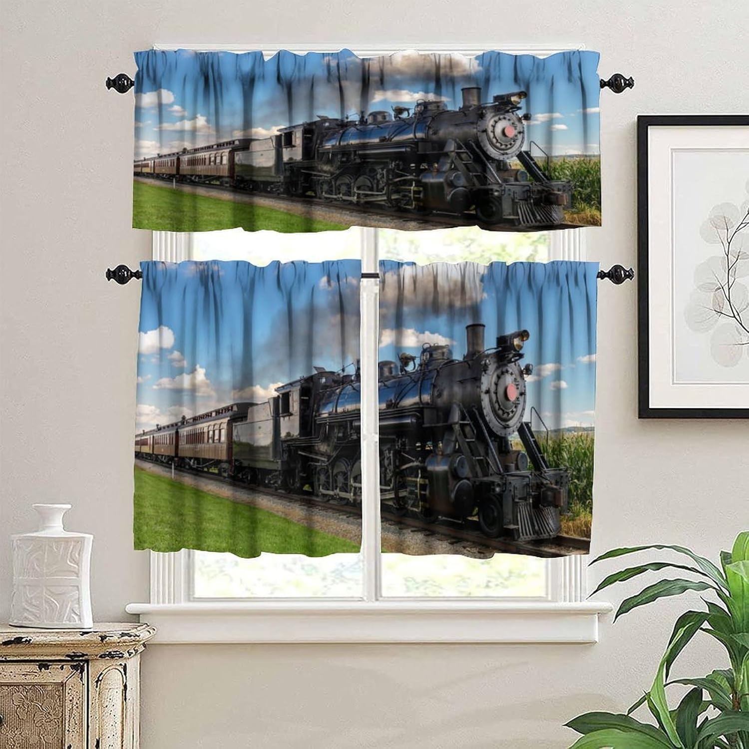 Train Valance Curtain for Kids Room Vintage Blue Sky Railway 70s Steam Mechanical Train Window Treatment Valances Curtains for Boys Living Room Bedroom Nursery，54x18In/27x36In