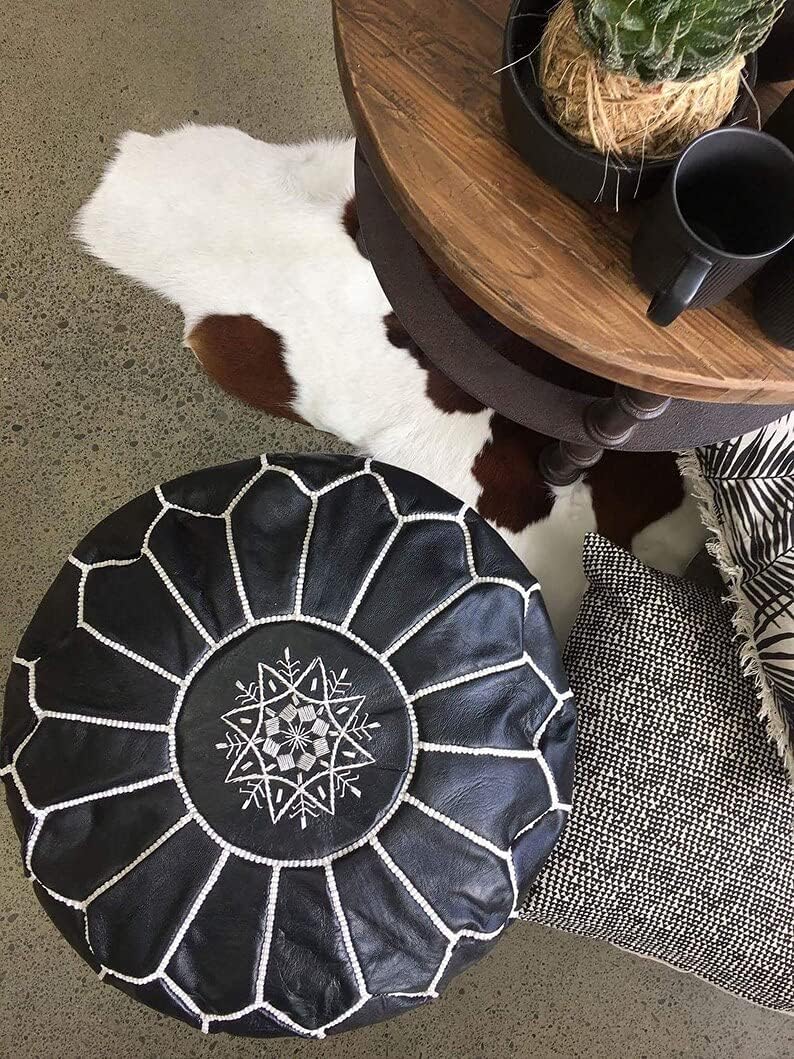 ARTOUARZAZATE Premium Moroccan Leather Pouf Cover, Ottoman Footstool Hassock 100% Real Natural Leather pouffe, Home Gifts, Wedding Gifts, Foot Stool (Black by White)