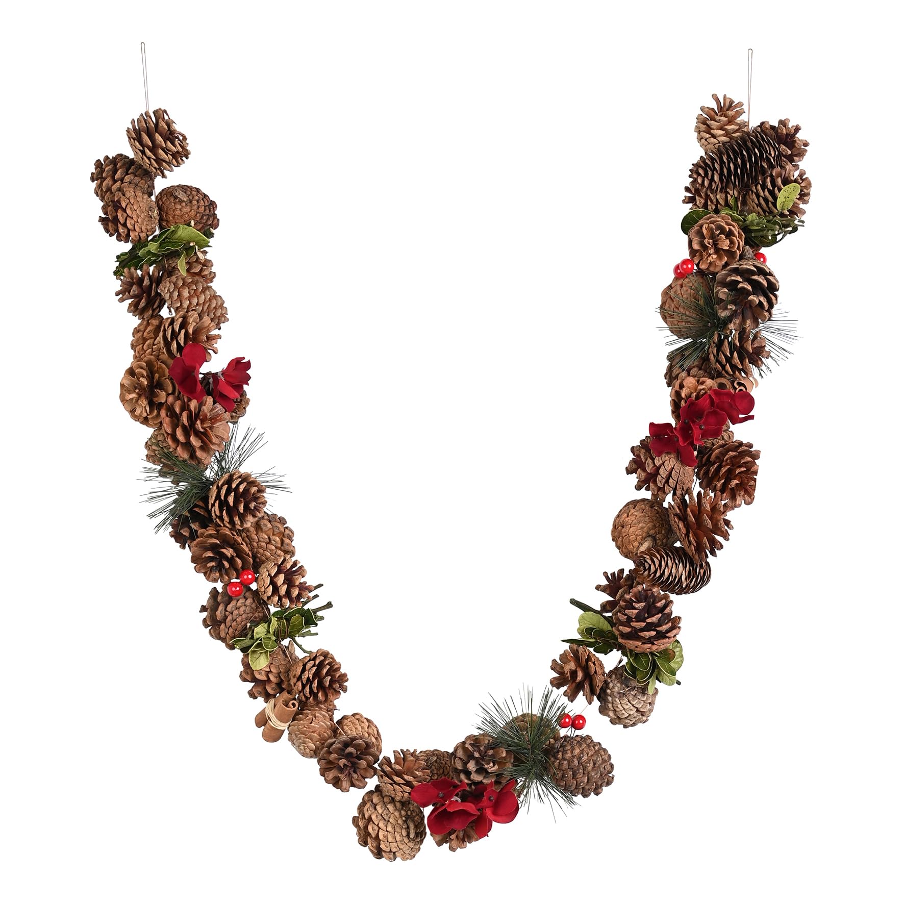 Widdop Country Christmas Cinnamon Garland – 120cm Rustic Pinecone Garland with Faux Red Flowers, Cinnamon Sticks and Greenery – Traditional Festive Decoration for Mantels, Doorways and Tables