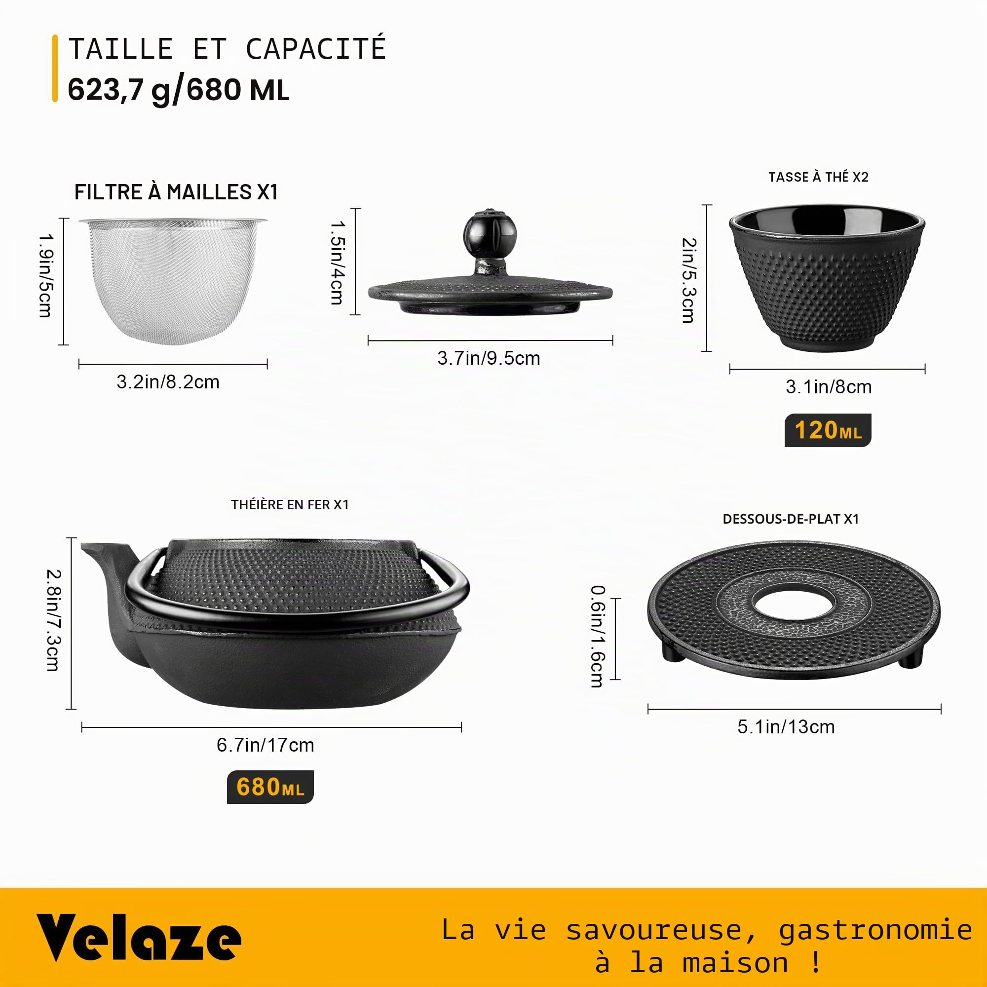 Velaze Théières et 2 Tasses de Thé avec Infuseur, Théière Induction Emaillé Noir de 700ML, Set Teapot en Fer Traditionnel avec Panier en Inoxydable, Plateau en Fonte