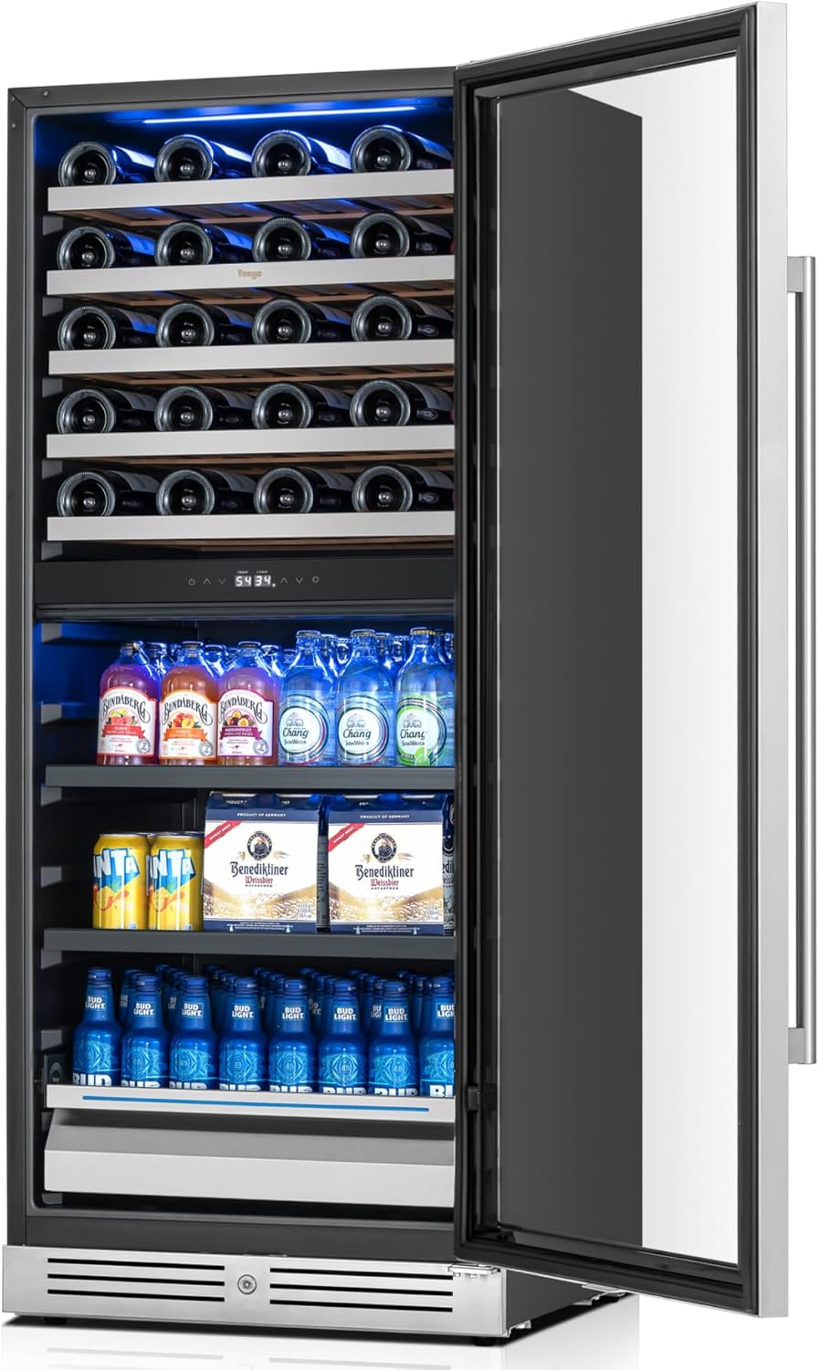 Yeego Wine Fridge – 24 Inch Wine and Beverage Cooler 34°F-65°F, 304 Stainless Steel Glass Door Lock, Temp Memory Blue & White LED Built-in Fridge Right-hand Opening with Drawer (112 Can+40 Bottle)