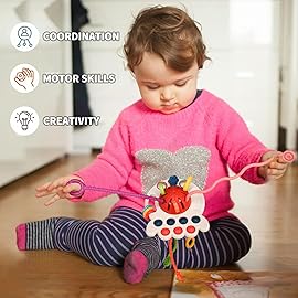 Tiyol Montessori Toys, Silicone Pull String Activitys, Developmental Pulling Baby Sensory Toy, Car Seat Airplane Travel Toddler Boy &Girl Infant Birthday Gifts 18 Months+