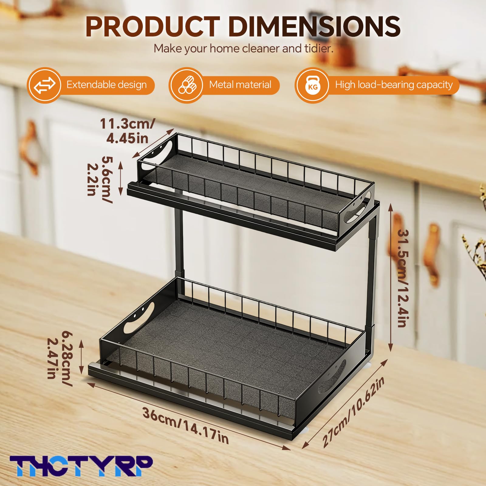 Scaffale estraibile in metallo a 2 ripiani, sottolavello, nero | Organizer per mobili da cucina e bagno, salvaspazio e stabile, per lavello e lavandino