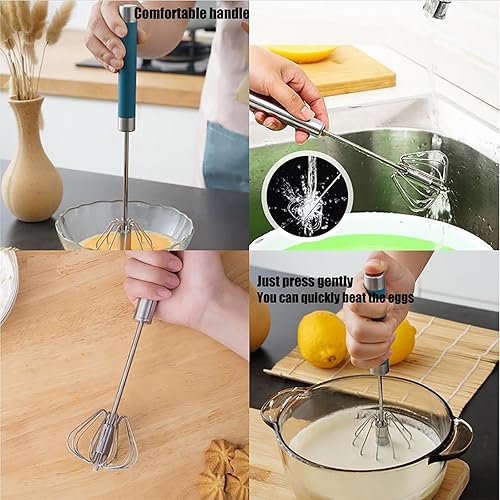 Miniatura 6 de Batidor semiautomático de acero inoxidable, batidor de huevo de acero inoxidable 2025 y batidor giratorio de mano para cocinar leche de huevo