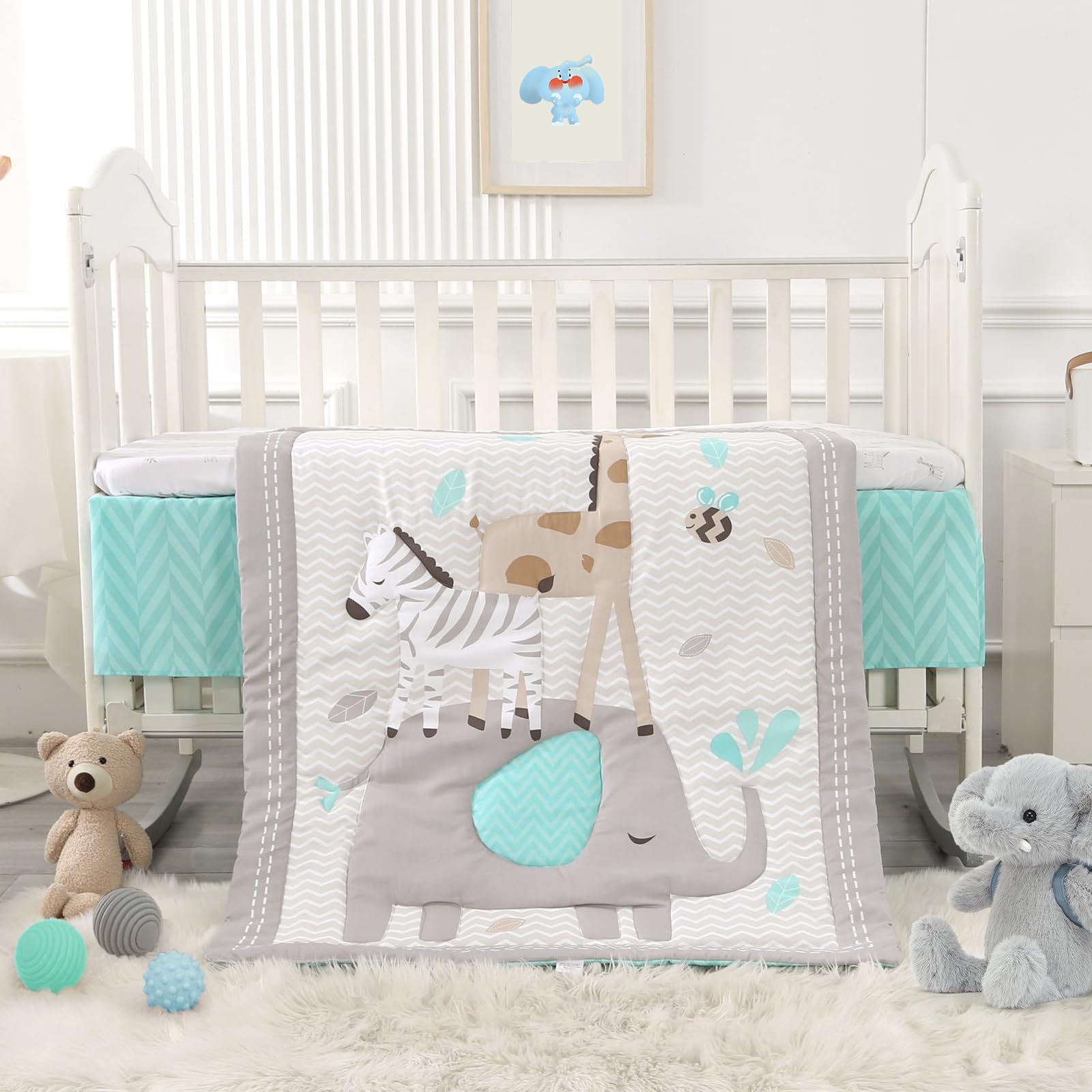 Juego de ropa de cama para cuna de elefante, color gris, juego de ropa de cama de 3 piezas para bebé, elefante, safari, recién nacido y bebé, gris