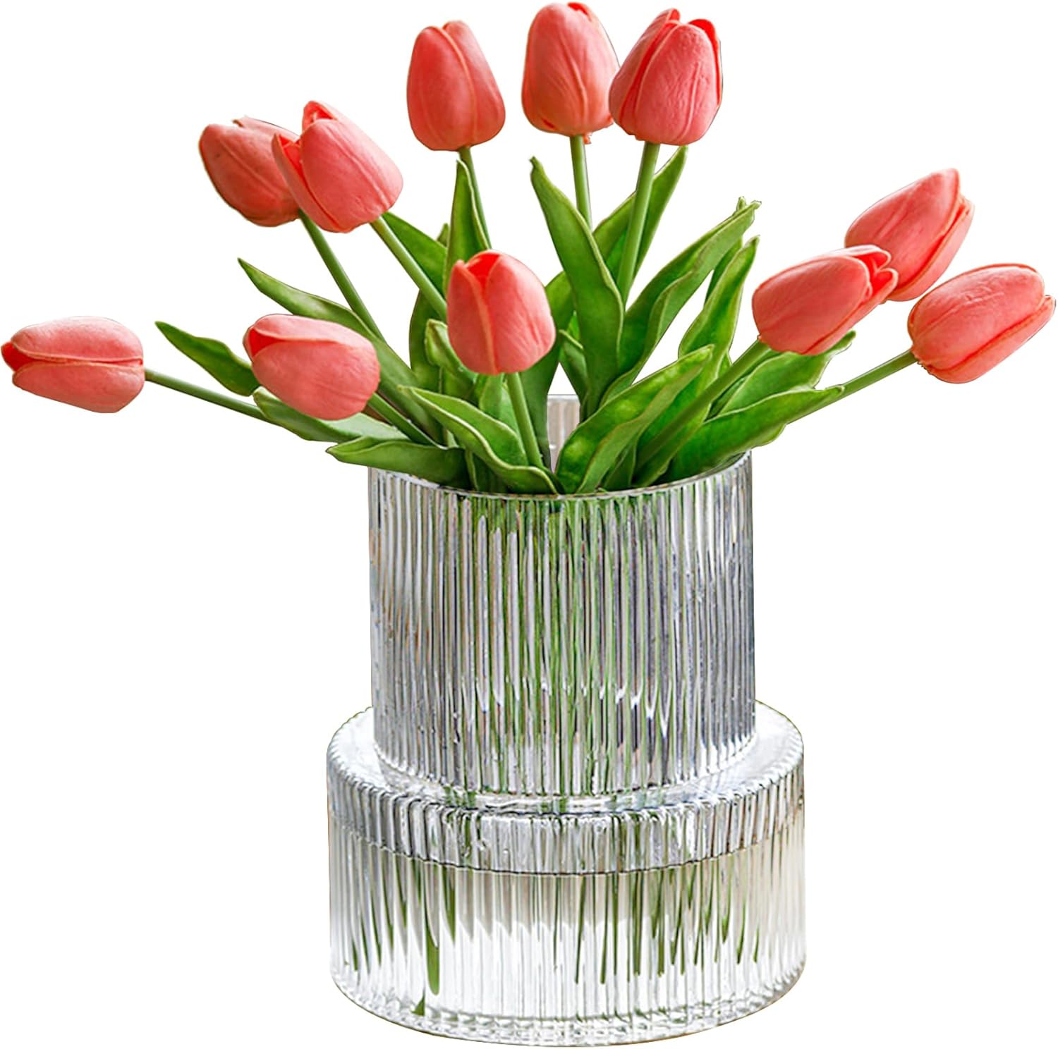 7.5 Inches Clear Glass Vase, Flower Vase, Fluted Clear Vases for Flowers, Modern Vases for Living Room, Dining Table, Entryway, Shelf, Wedding, Office, Coffee Table, Birthday