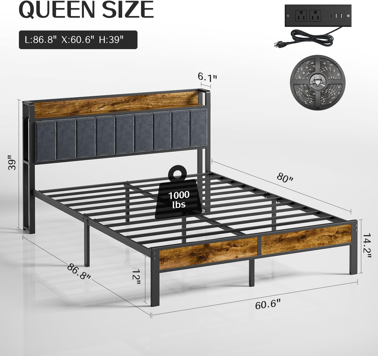 Liians Queen Bed Frame, Queen Size Bed with LED Lighting Headboard, Type C and USB Charging Station, No Box Spring Needed