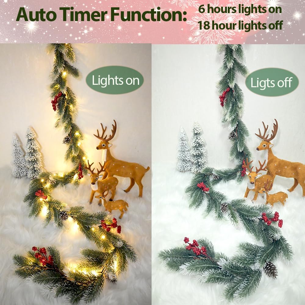 6.56 FT Christmas Garland Lights 40 LED Greenery Cedar Pine Garlands for Xmas Tree Christmas Winter Snowy Pine Garland Wreath Decorations for Mantle Table Centerpiece Wall Indoor Outdoor Home Decor