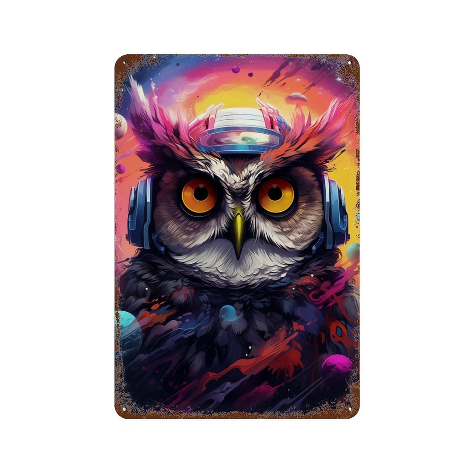 Garage Style Space Owl DJ Headphones Rust Effect Tin Sign 11.8"x7.9", Shabby Chic Decor for Bar And Workshop