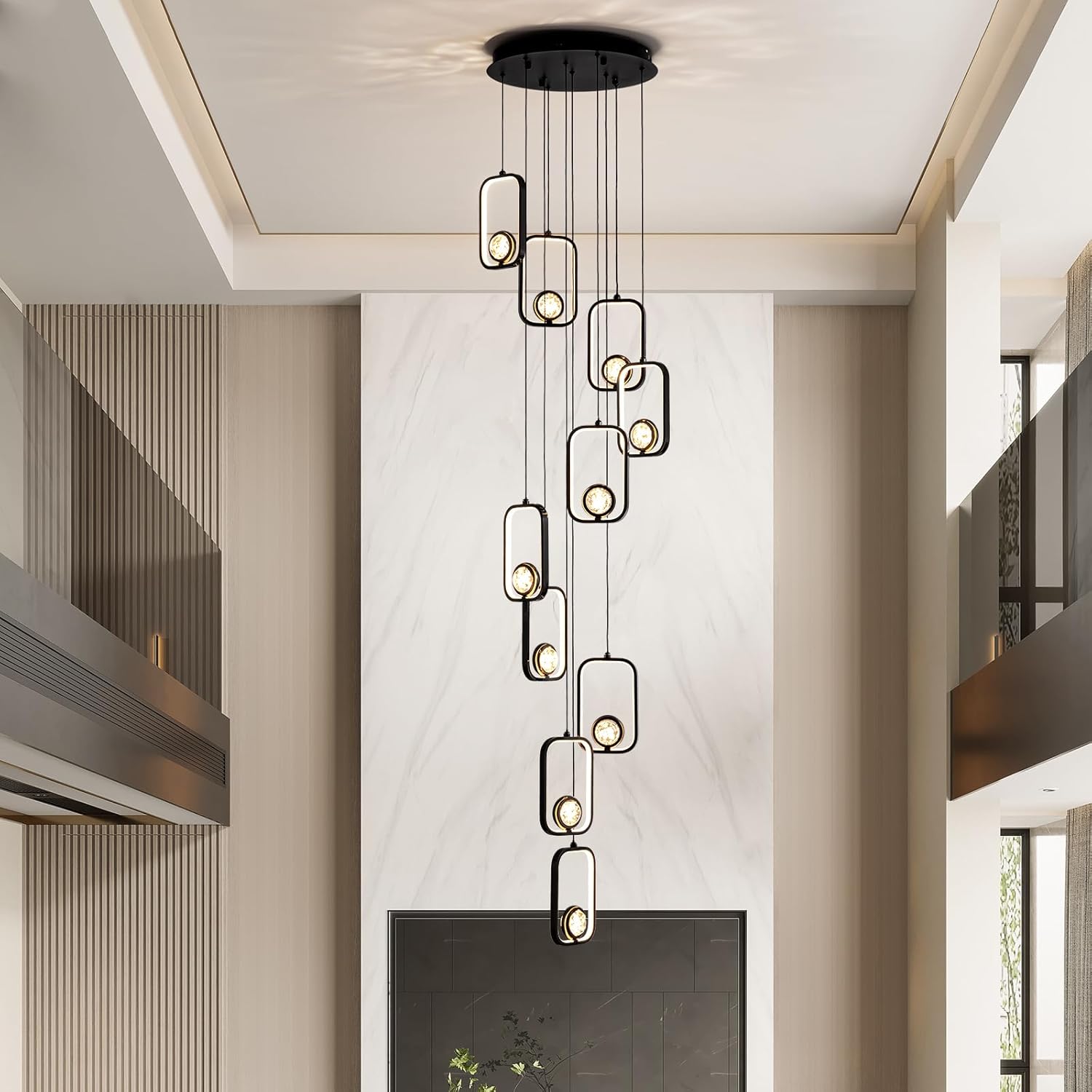 10-Light Modern LED Crystal Chandelier 10 Lights Black High Ceiling Chandelier for Staircase Large Adjustable Length Light Fixture for Foyer, Entryway, Living Room