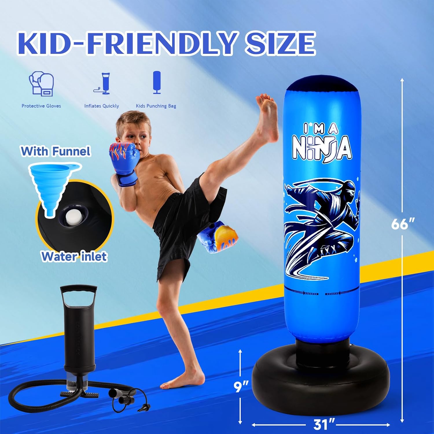 Onirii Kids Punching Bag Toy with Boxing Gloves,66 Inch Larger Stable Updated 4-in-1 Ninja Kids Inflatable Boxing Bag Set,Gifts for Boys & Girls Age 5-12 for Taekwondo,MMA and Practicing Karate