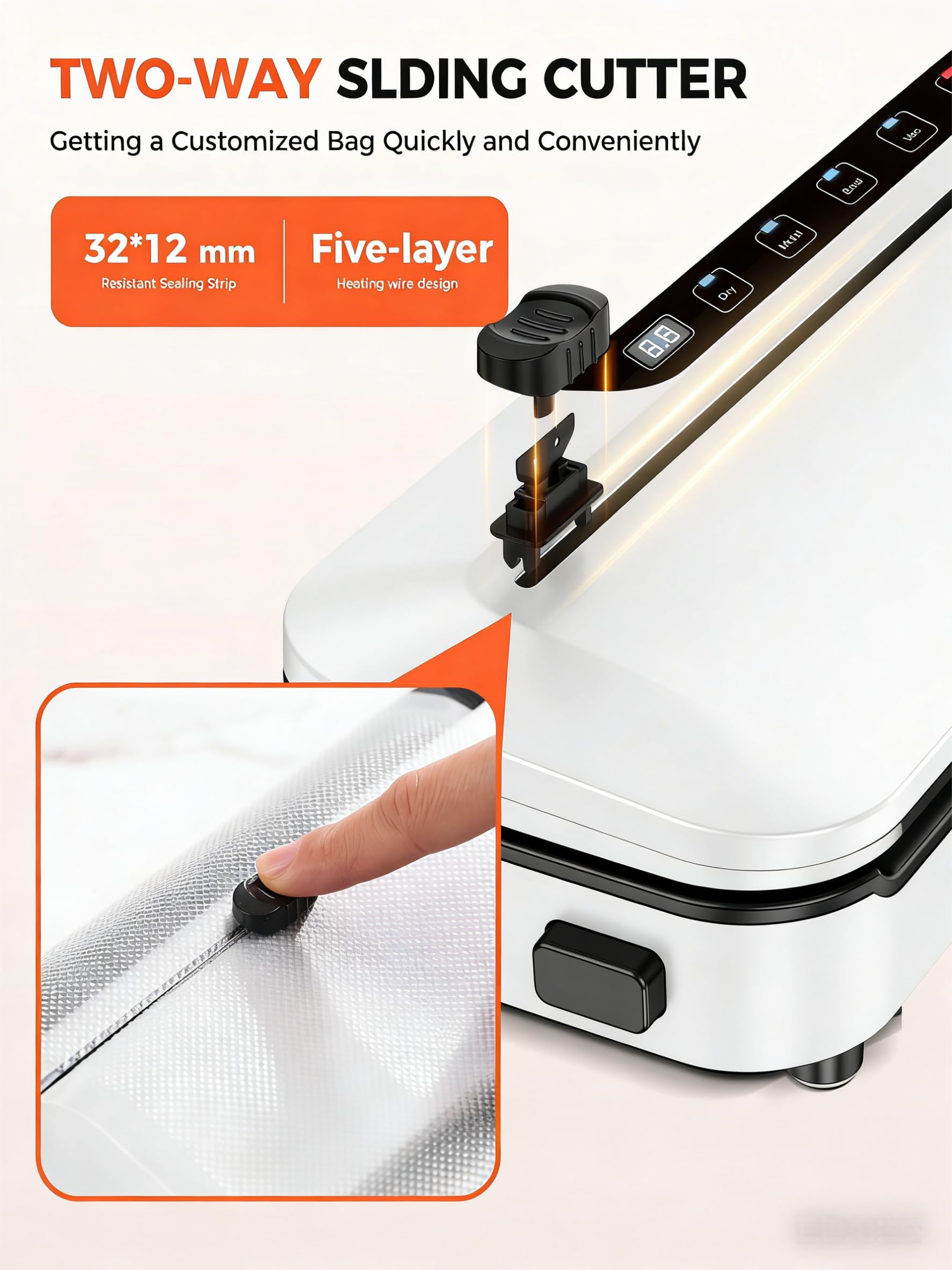 Vacuum Sealer Machine 75KPa Food with 6-in-1 Dry/Moist Modes & Digital Timer, Compact Lightweight Design, Built-in Cutter + 10 Bags (White) — view 5