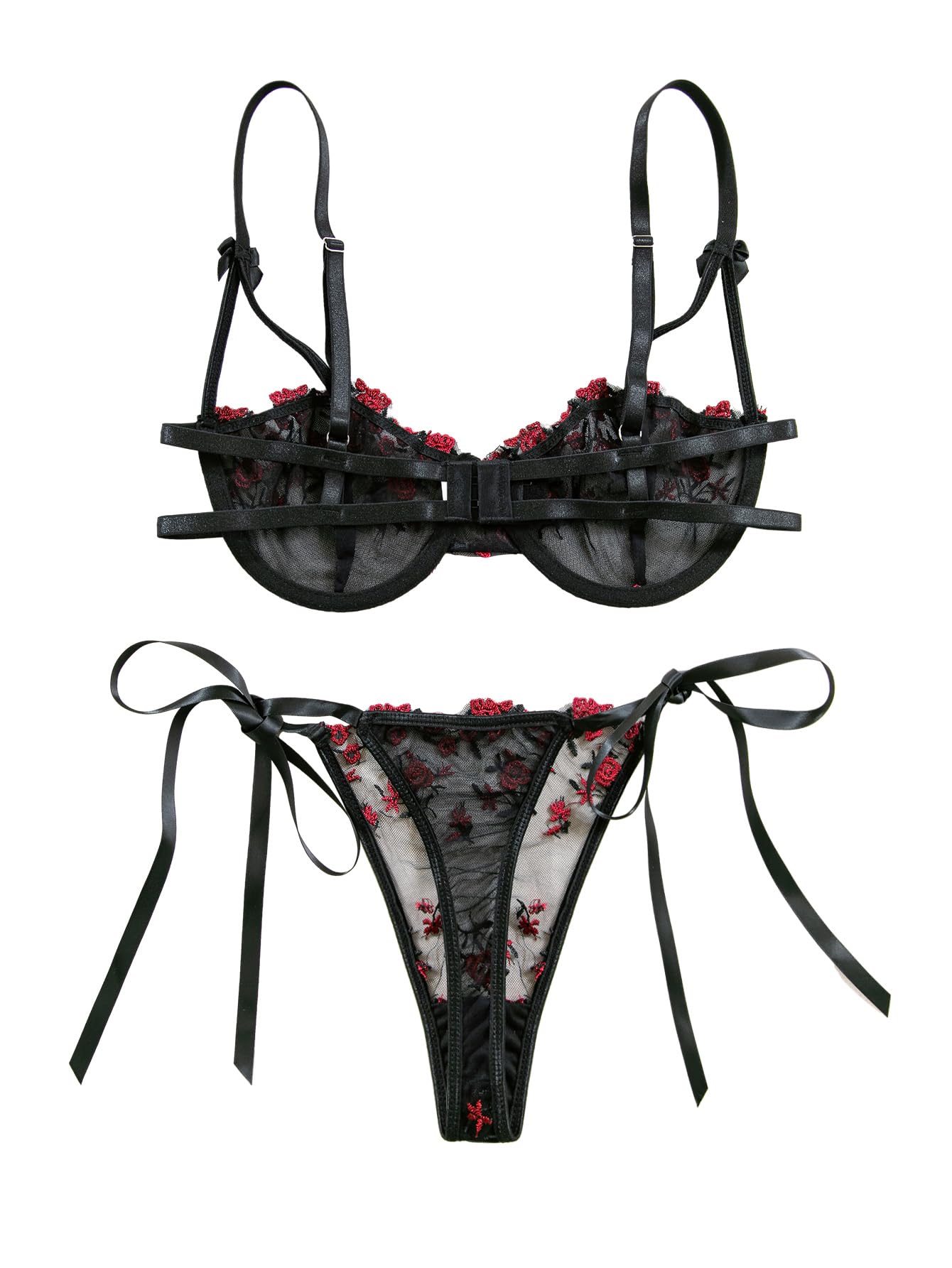 Lilosy Sexy Tie Side Cute Underwire Push Up Strappy Embroidered Mesh Sheer Lingerie Set: Small Bow Floral Black Red