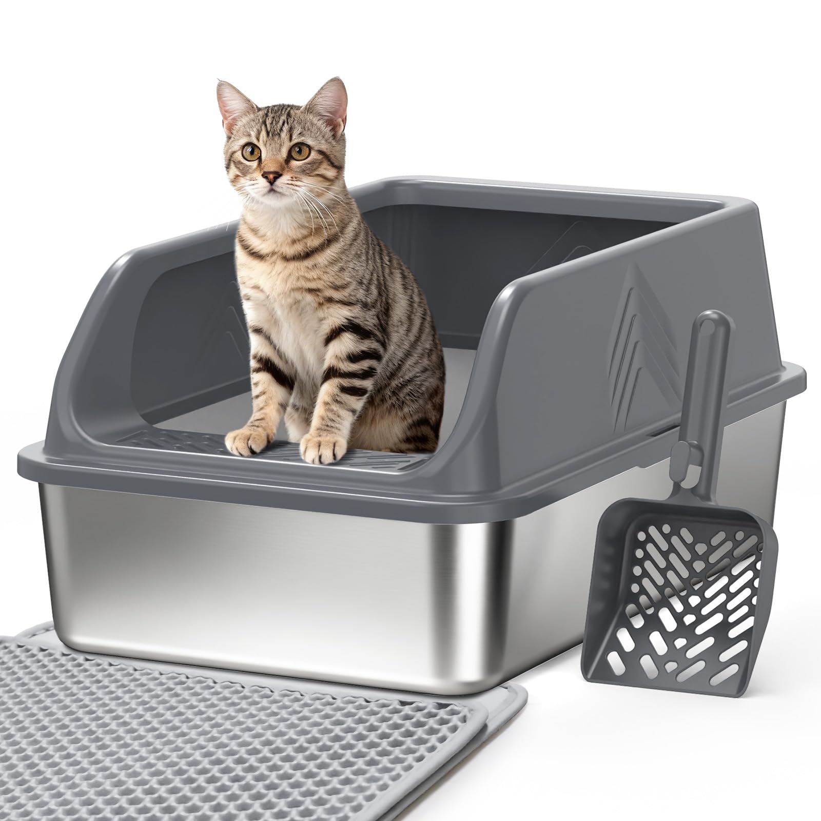 Photo 1 of Stainless Steel Cat Litter Box with Lid, Enclosed Litter Boxes XL High Sided for Kitty Big Cat and Multiple Cats, Anti-Urine Leakage | Non-Stick & Includes Cat Mat and Scoop