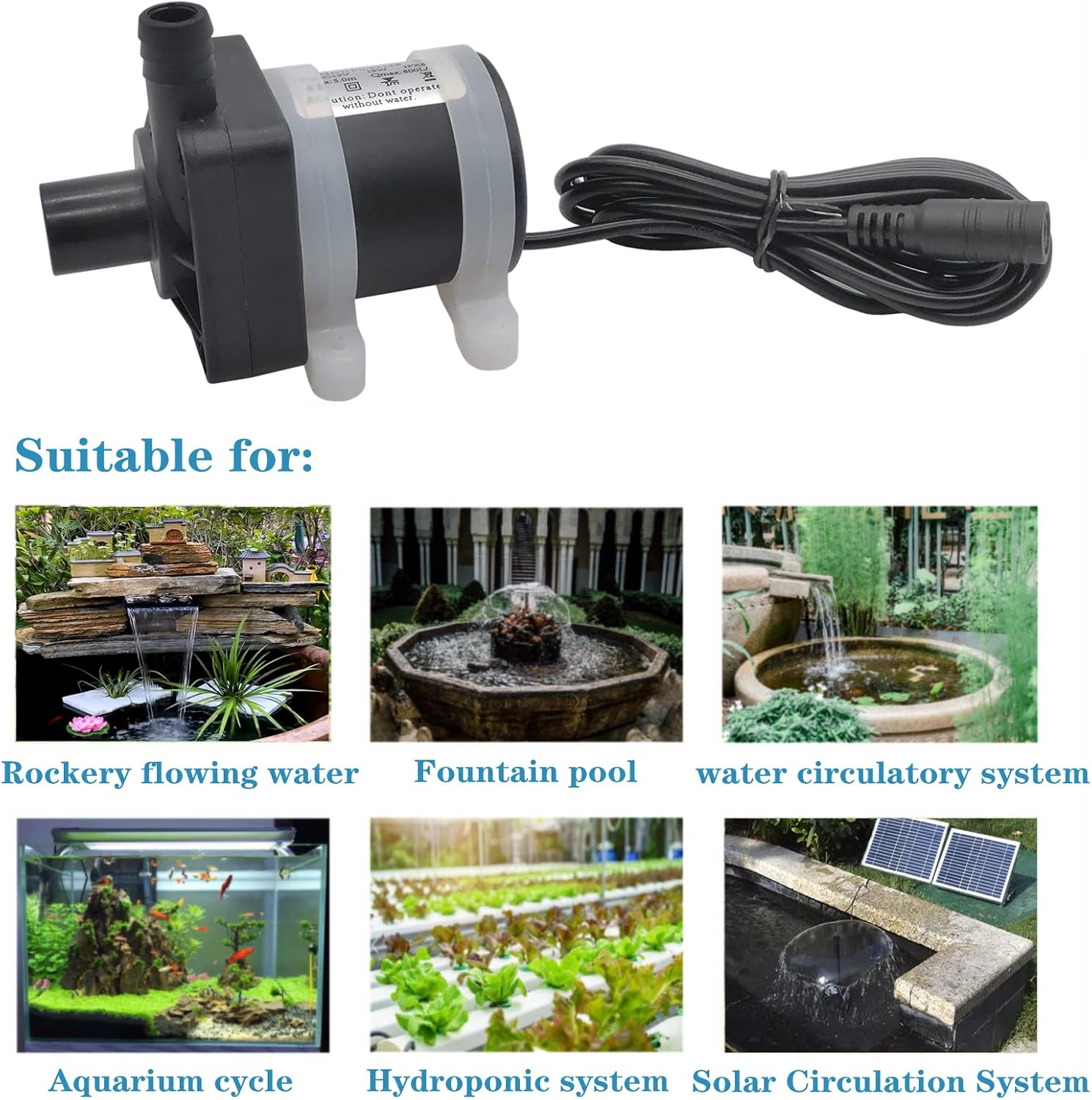 Image displaying various applications for the submersible pump, including rockery flowing water, fountain pools, water circulatory systems, aquarium cycles, hydroponic systems, and solar circulation systems.