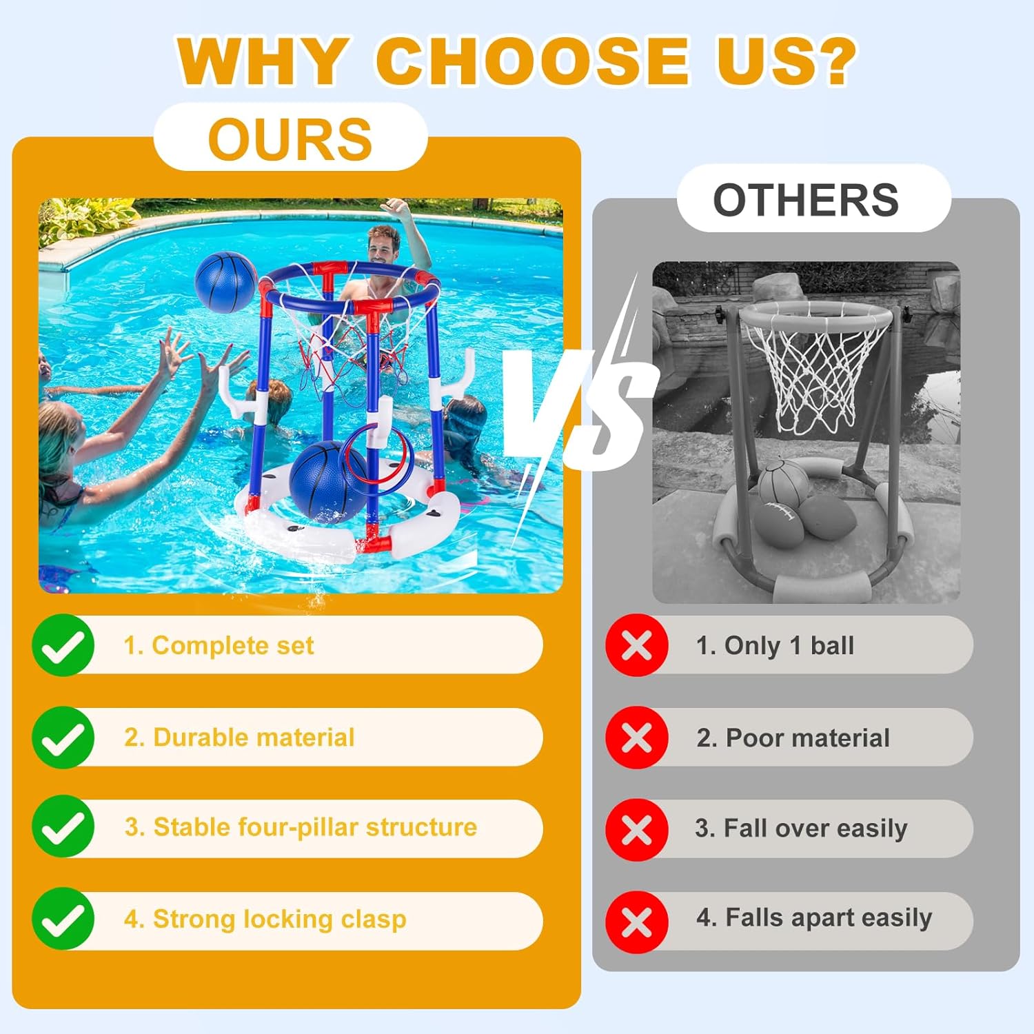 Taotuo Blue Floating Pool Basketball Hoop, 2-in-1 Basketball & Ring Toss Game with 4 Balls, 6 Rings&Pump, Summer Pool Toys Outdoor Water Fun Family Party for Age 3-12