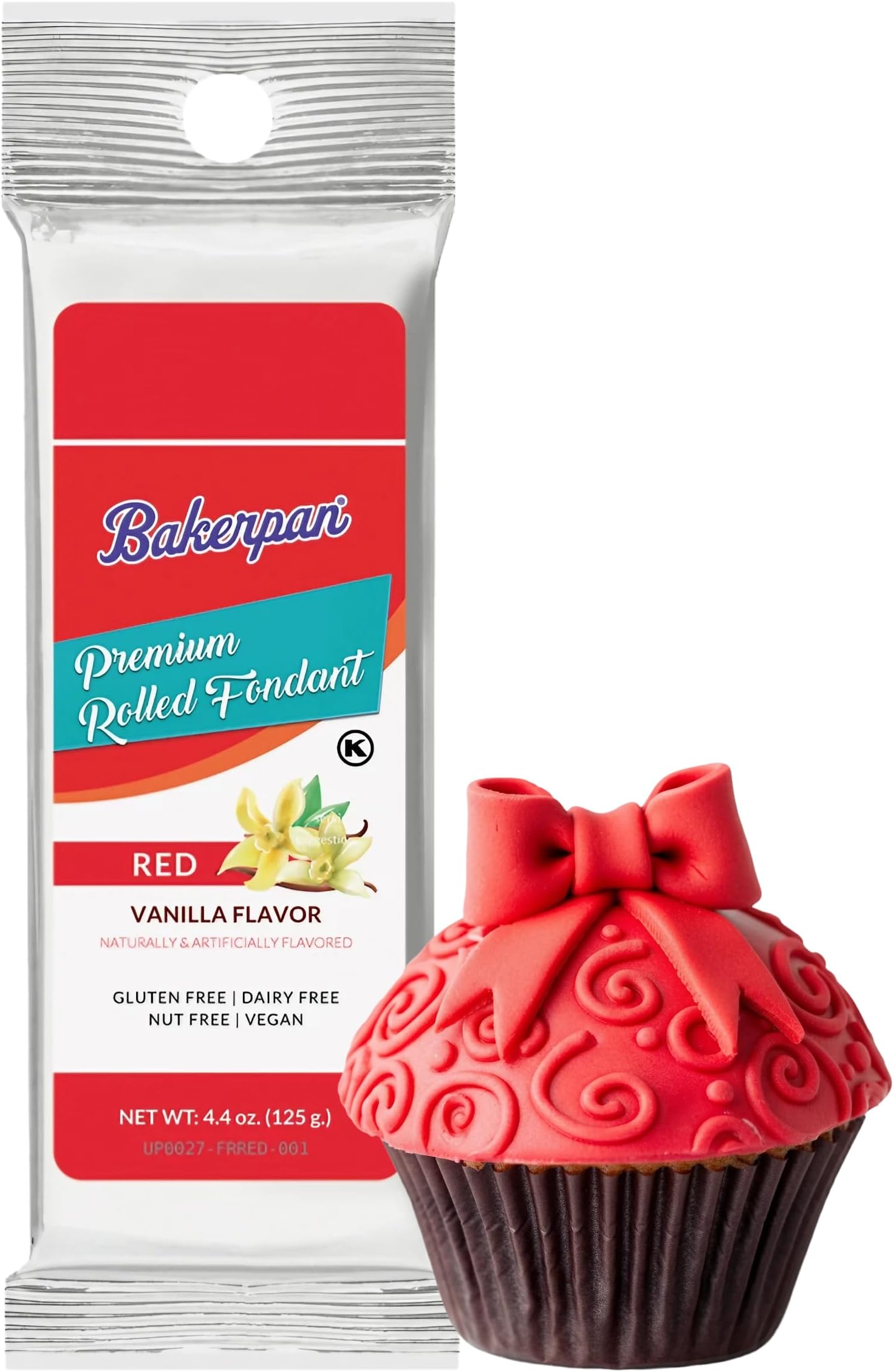 Bakerpan Premium Rolled Red Fondant for Cake Decorating, Vanilla Flavor - 4.4 Ounces (Made in USA)