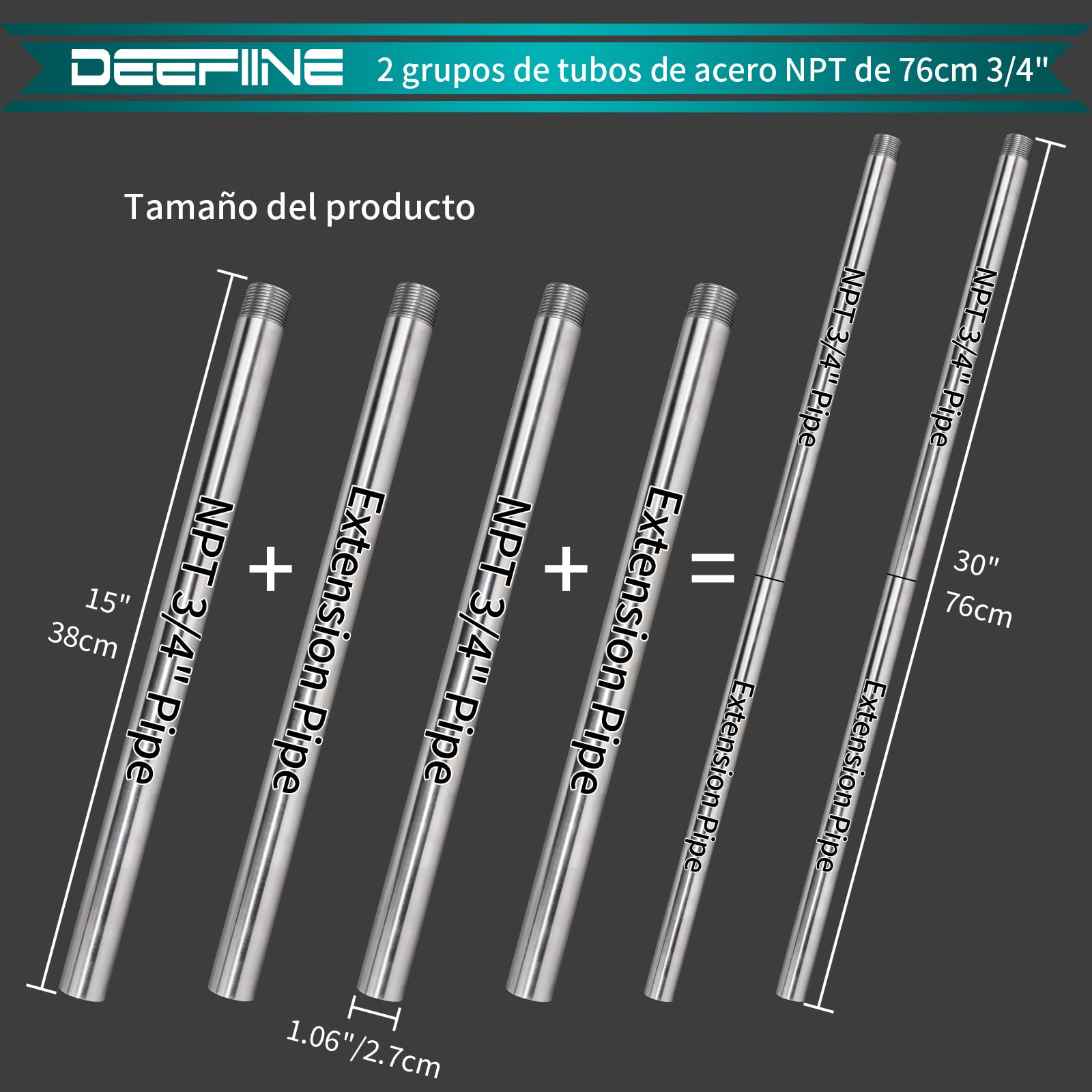 Racores de tubería de acero inoxidable, tubo NPT de 38,1 mm para abrazaderas de manguera de 1,9 cm con manguera de extensión de 38,1 cm
