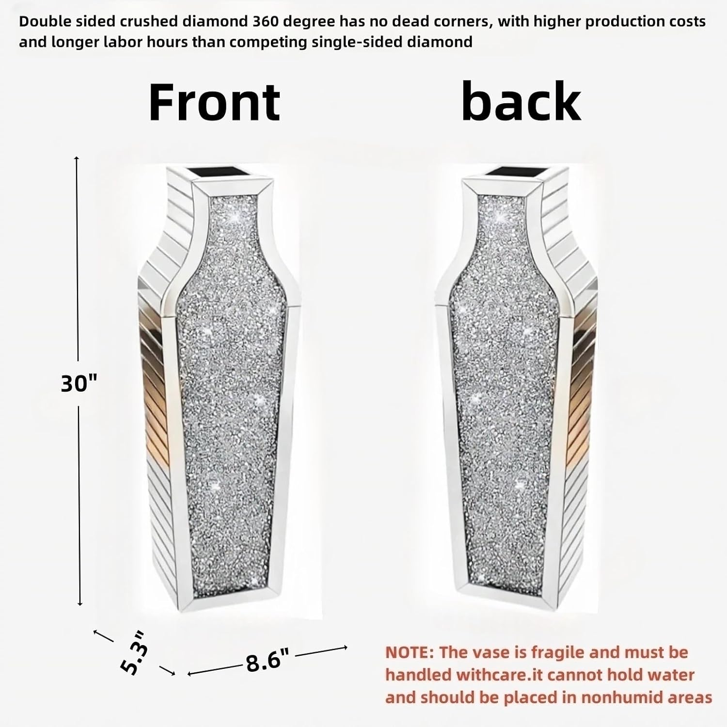 30" Large Double Sided Crushed Diamond Floor Vases,Tall Silver Mirrored Crystal Vase for Floor,Big Floor Vases Decorative Tall for Home,Office,Hotel(Silver,8.6" L x 5.3" W x 30" H)
