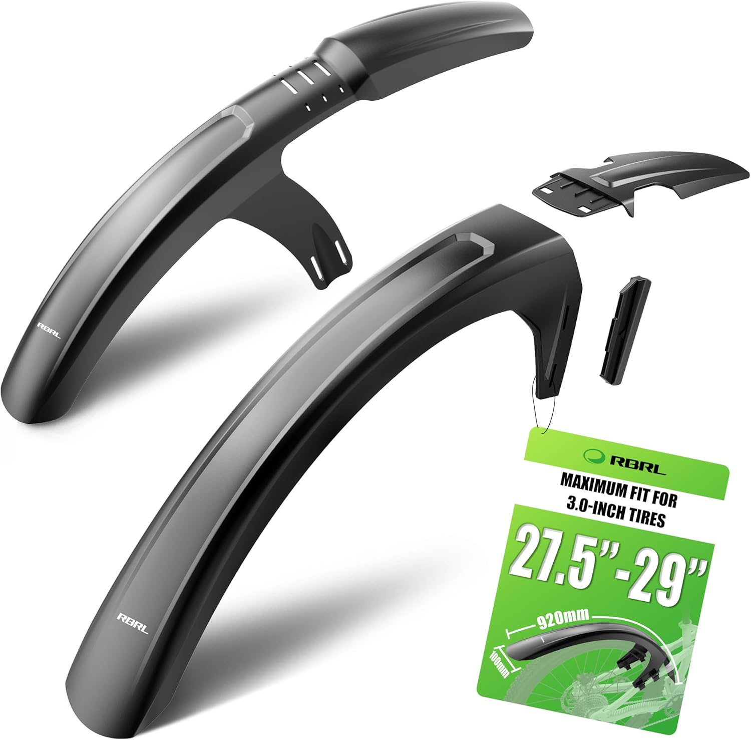 RBRL Bike Fender Set for MTB & E-Bike – Full Coverage Mudguards Compatible with 27.5" / 29" Wheels up to 3.0" – Durable Splash Guard Against Mud & Water – Stable, Tool-Free Installation