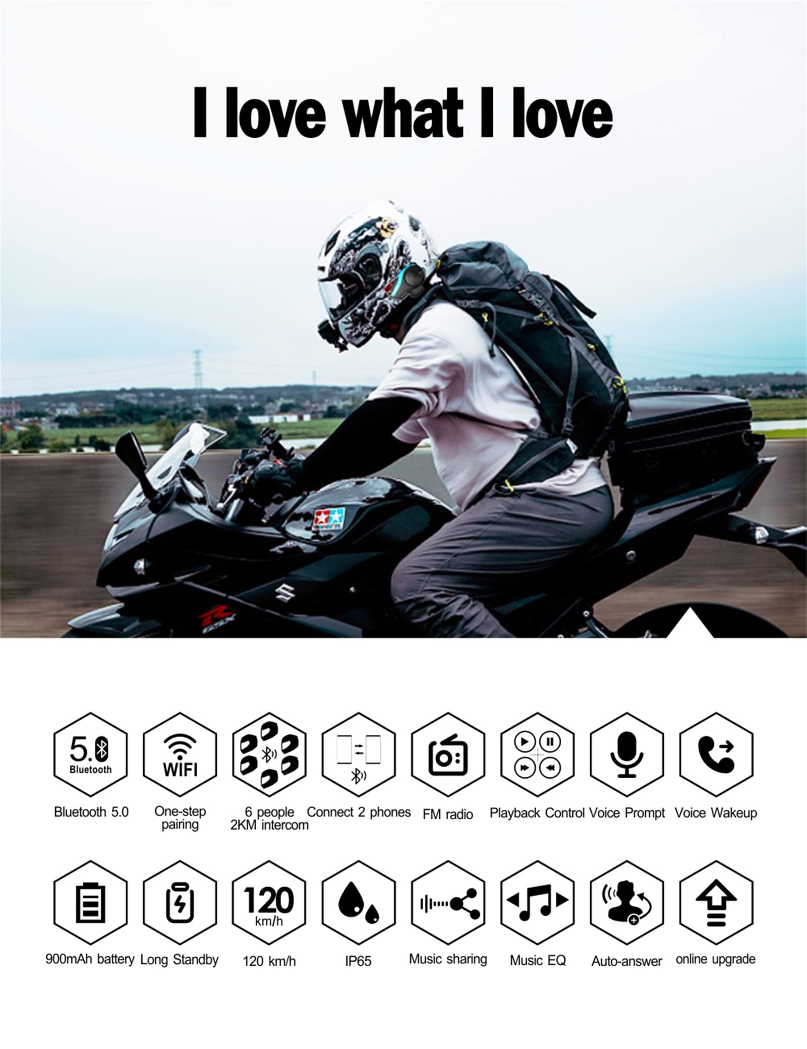 Casque De Moto Bluetooth 5.0 2000M 6 Riders Intercom Headset Compatible Avec Tous Les Casques Bluetooth Pour La Moto, Le Ski Et L'escalade