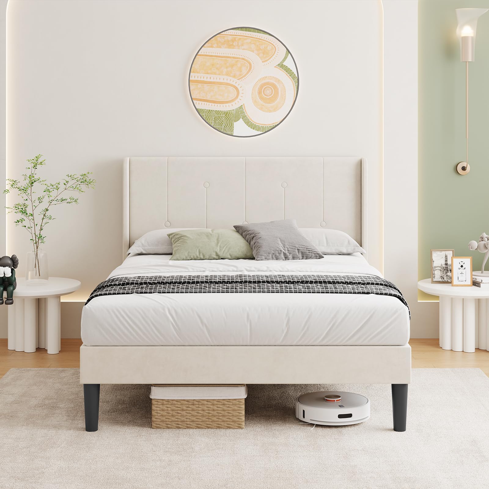 Vesgantti Velvet Double Bed Frame with Adjustable Wing Edge Headboard, Solid Wooden Slats & Upholstered Platform, Easy Assembly, Noise-Free, Under Bed Storage, 4FT6 Double Bed, 135 x 190 cm, Cream