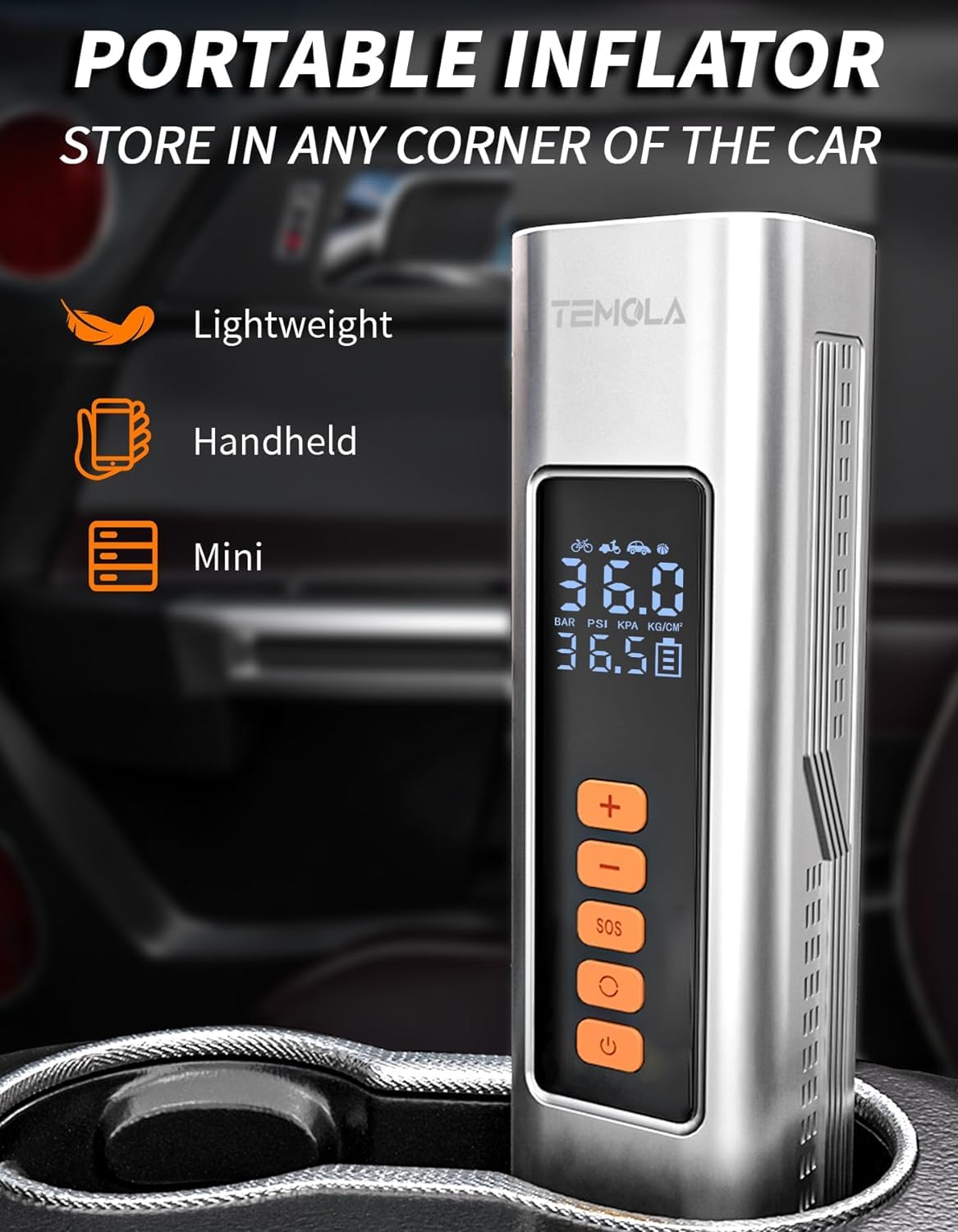 TEMOLA Draagbare luchtcompressor, 150 PSI autobandenpomp met digitale manometer, draadloze autobandenpomp voor autobanden, 12 V, autopomp voor auto, fiets en motorfiets