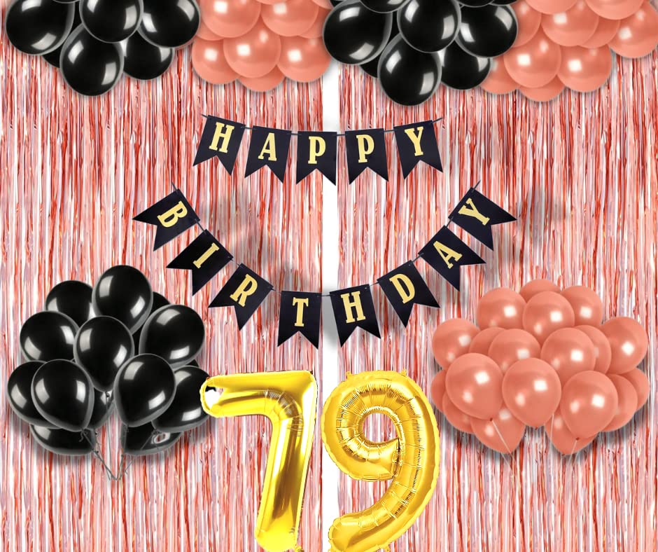 Image of 79th Birthday Decoration items for Girls with Black and Rose Gold Balloons, Black Happy Birthday Banner, Rose Gold Foil Curtain, Foil Balloon number 79