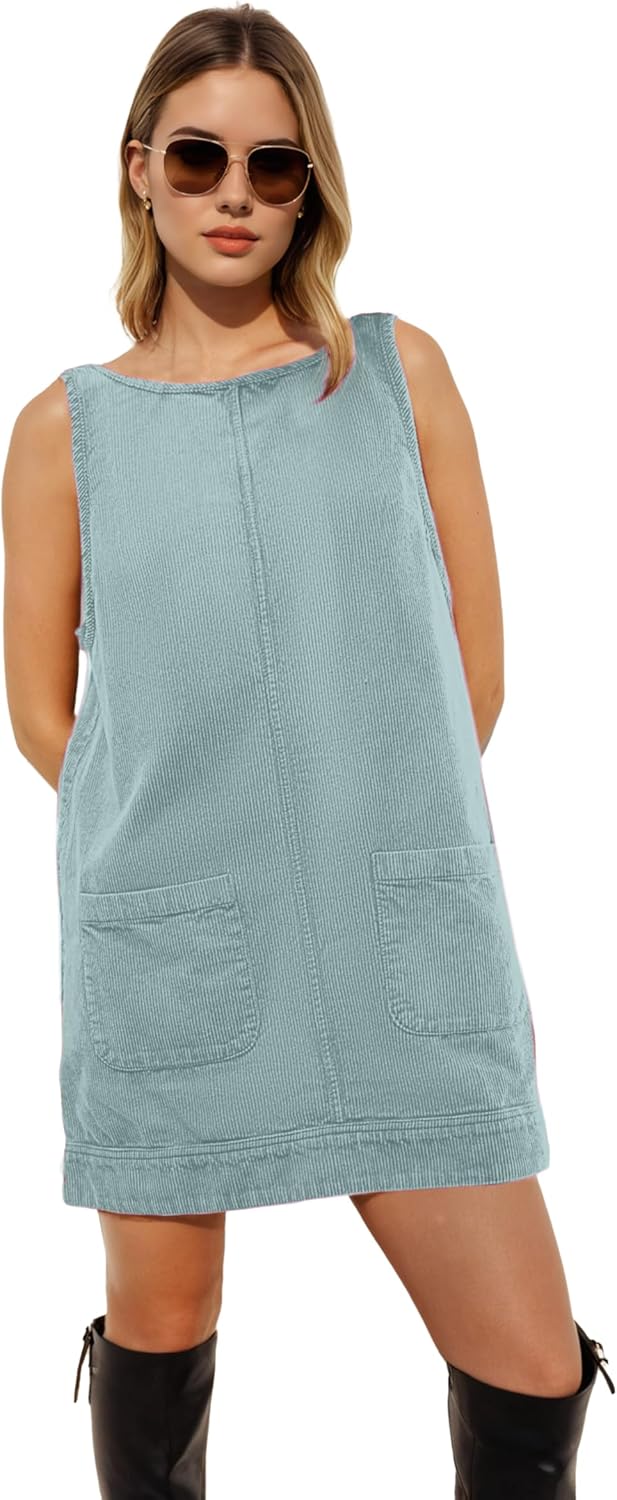 Womens Corduroy Overalls Dress Low Open Back Skirtall Jumper Mini Dress Pinafore with Pockets - Image 3