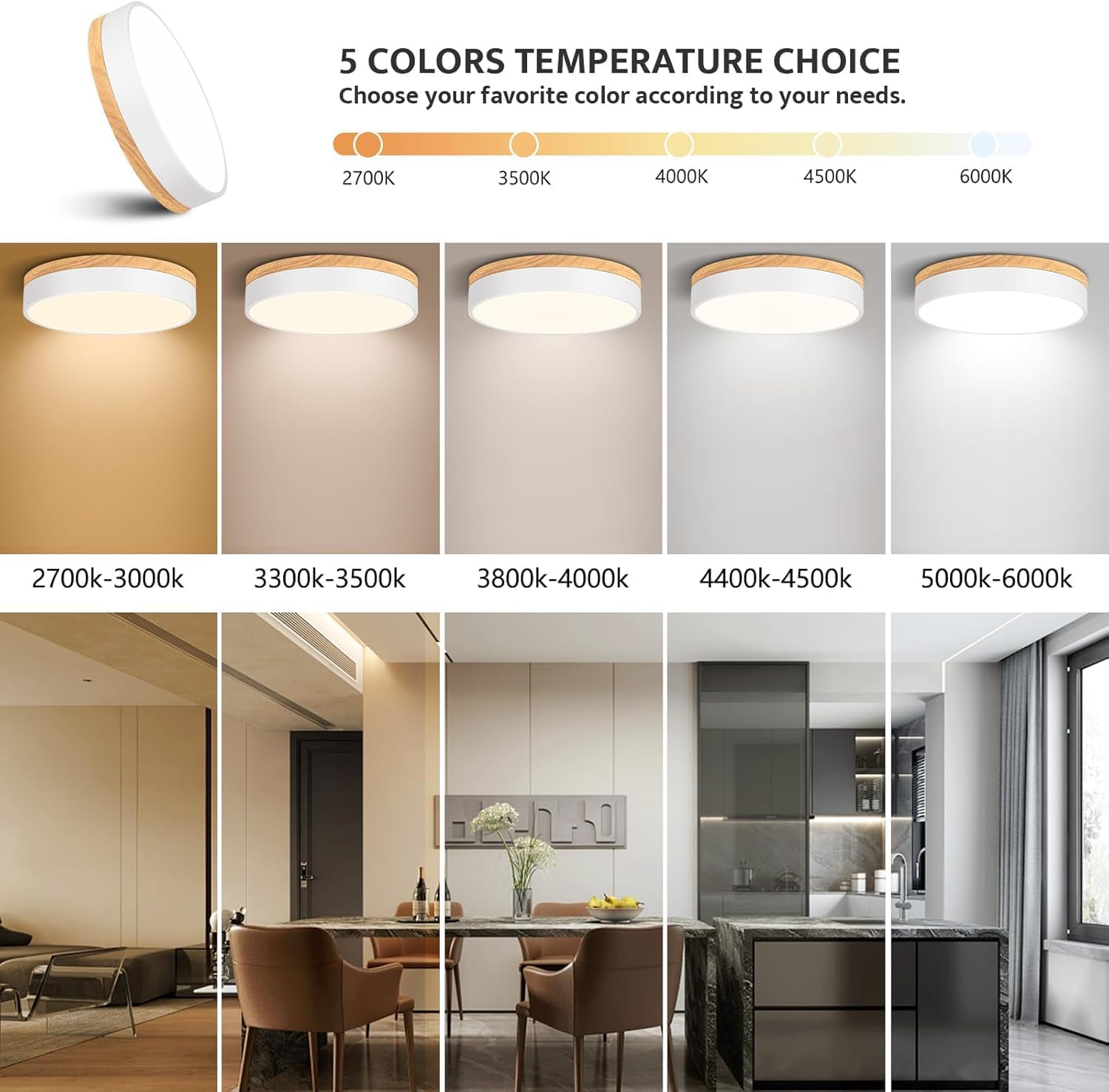 Modern Wood Flush Mount Ceiling Light, White LED 5CCT 2700K-6000K Dimmable Ceiling Light Fixtures, Round Close to Lighting Fixture for Kitchen Entryway Hallway Bedroom Laundry Room-11.8in